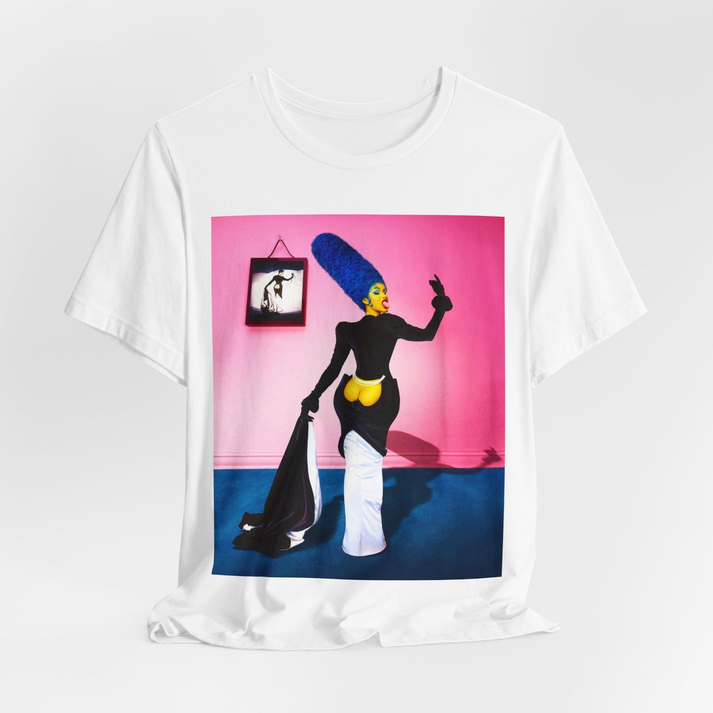 A black graphic t-shirt featuring a photo or graphic of Cardi B blended with elements or characters from The Simpsons.