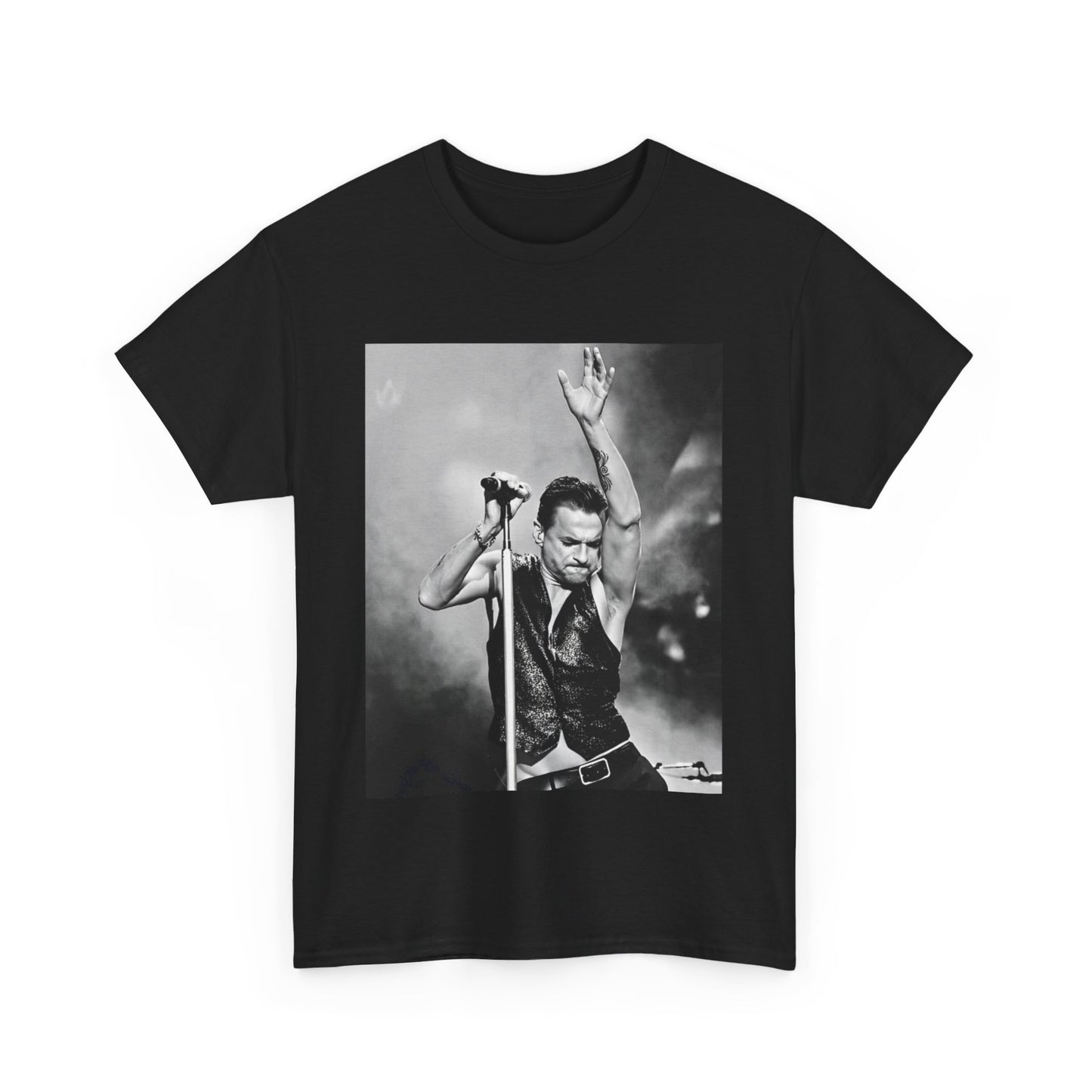 A black graphic t-shirt featuring a graphic or photo of Depeche Mode performing live on stage from the 'Personal Jesus' era.