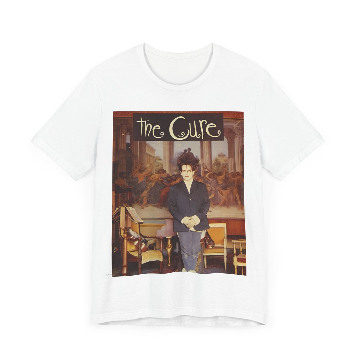 A black graphic t-shirt featuring a graphic of Robert Smith from The Cure as a goth icon.