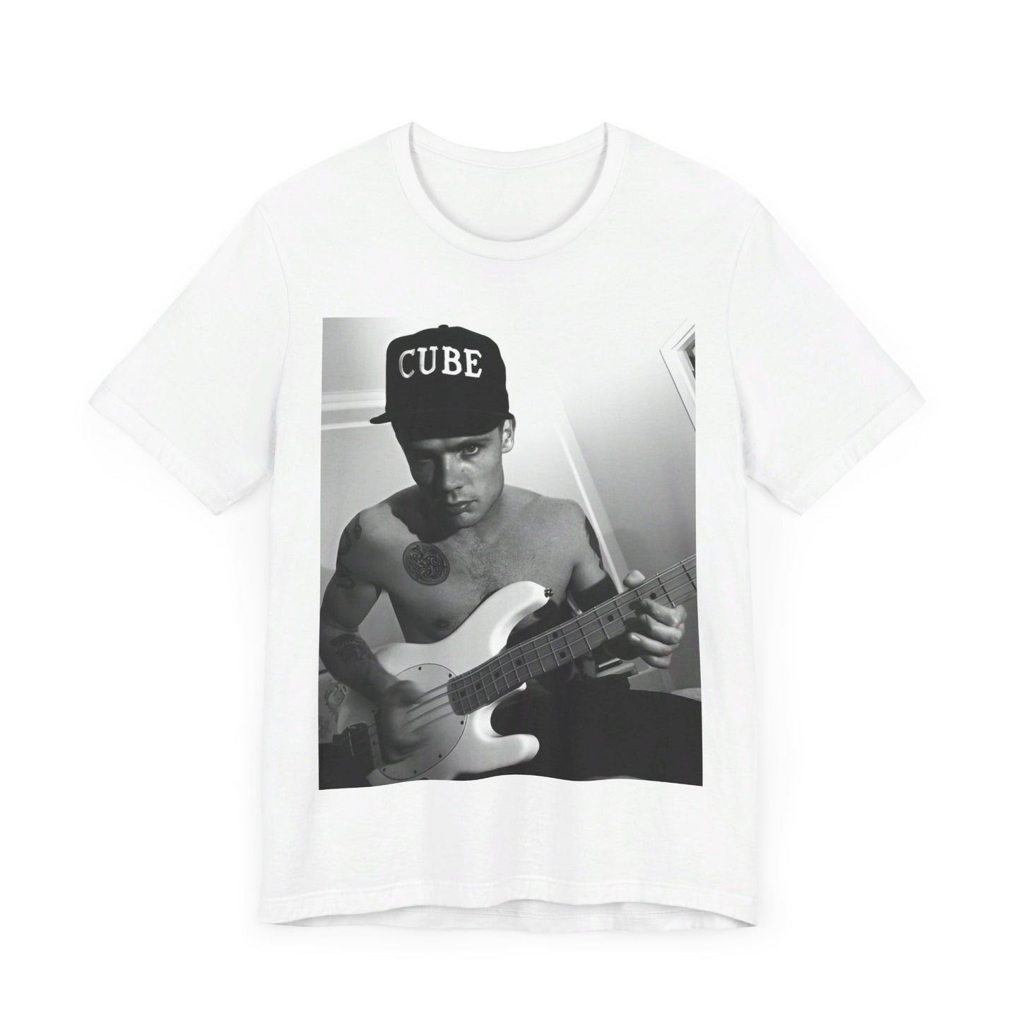 A black graphic t-shirt featuring a black and white graphic or photo of Flea from Red Hot Chili Peppers performing live on stage.