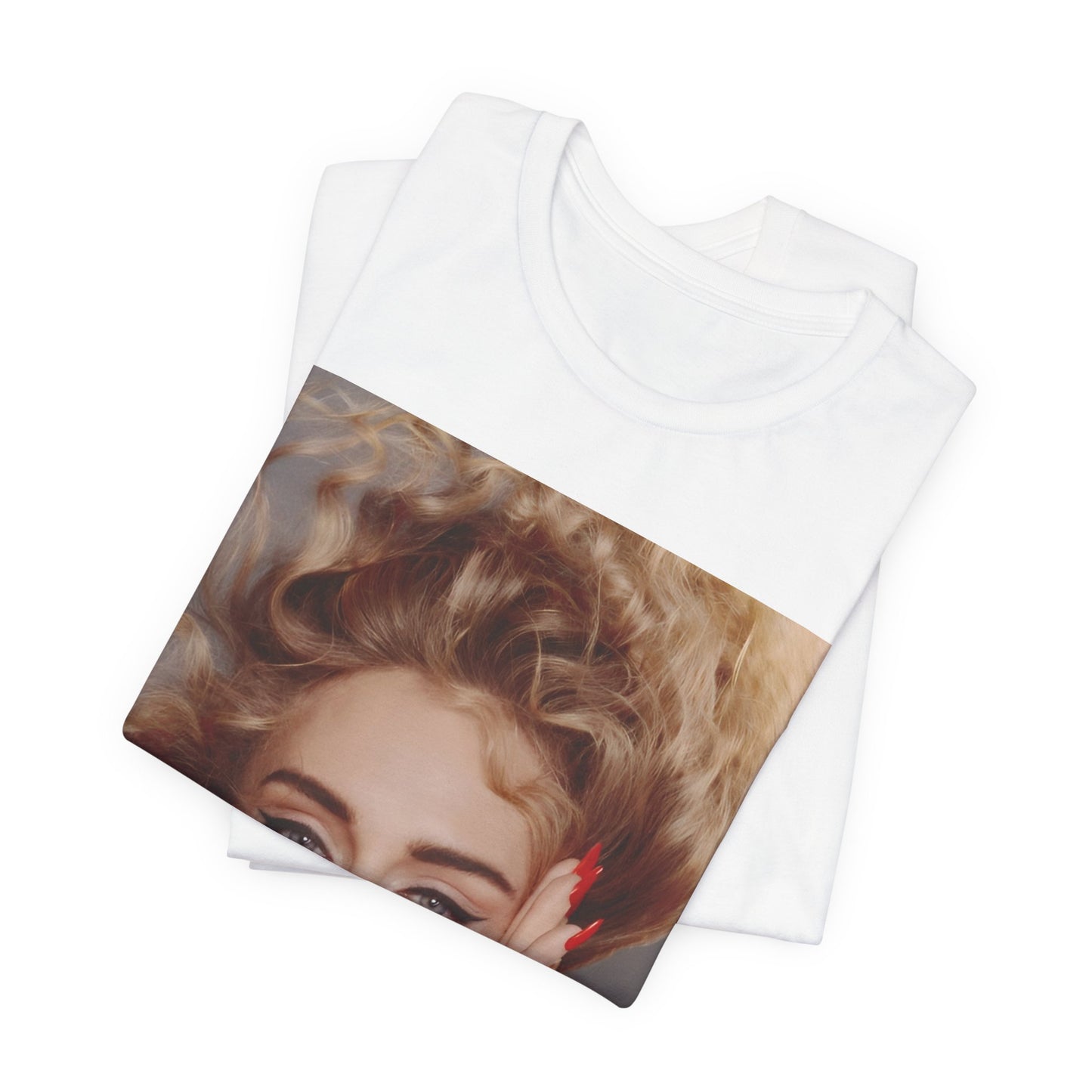 A black graphic t-shirt featuring a detailed, artistic black and white portrait of Adele with her hair dramatically caught in a breeze around her face and her hands gently placed on her cheeks.