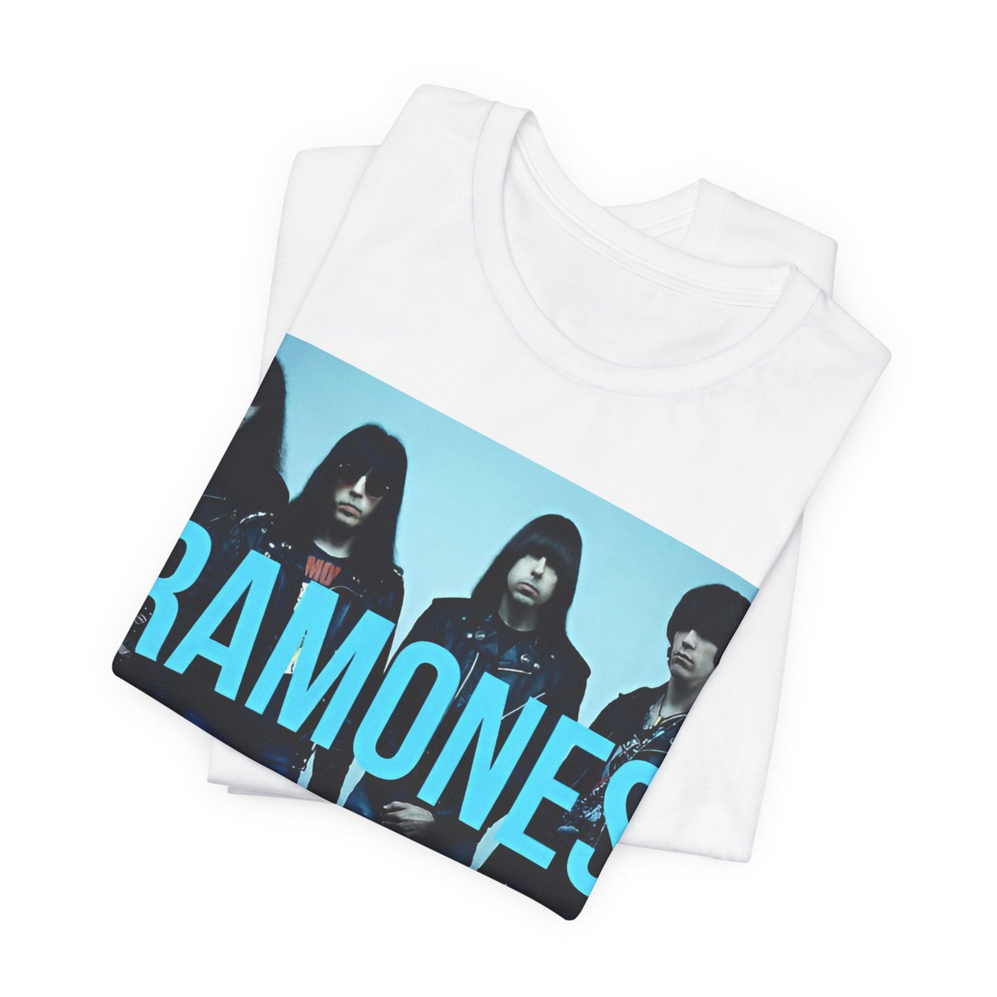 A black graphic t-shirt featuring the album cover art for Ramones' self-titled debut album.