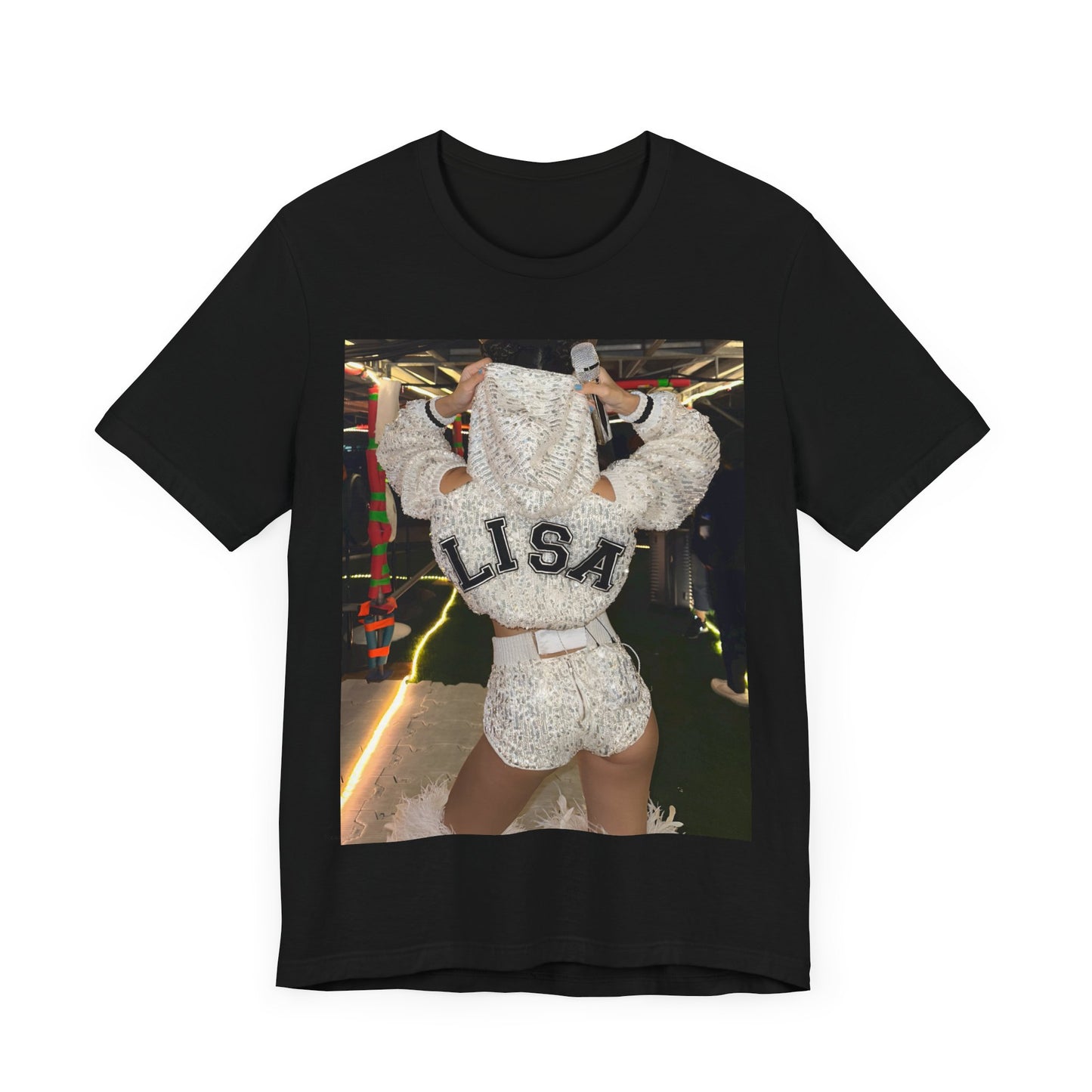 A black graphic t-shirt featuring a graphic or photo of Lisa in a backstage setting.
