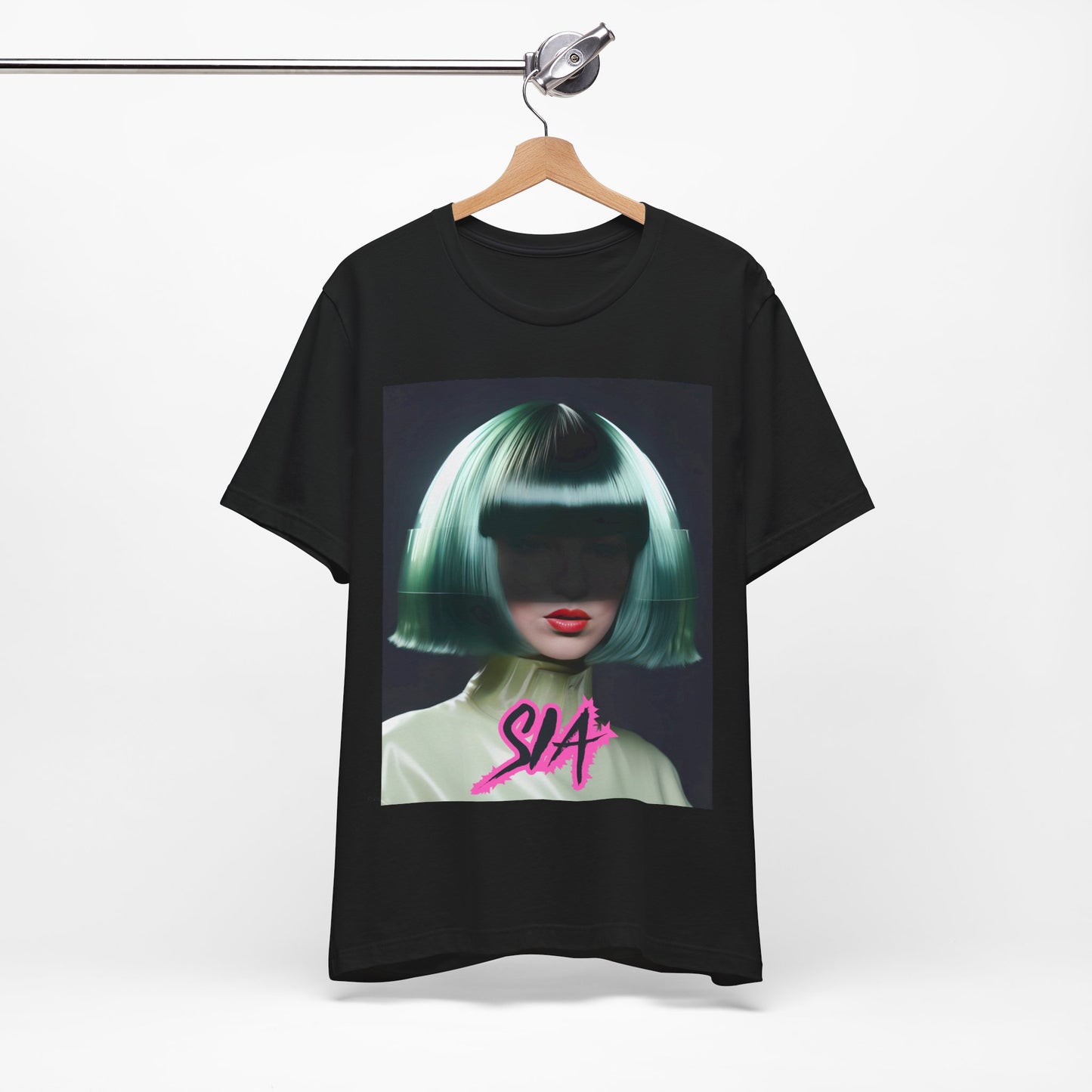 A black graphic t-shirt featuring a bold graphic of Sia as a pop superstar.