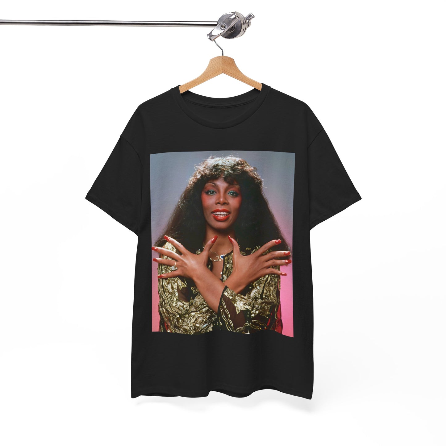 A black graphic t-shirt featuring a retro graphic of Donna Summer as the Queen of Disco.