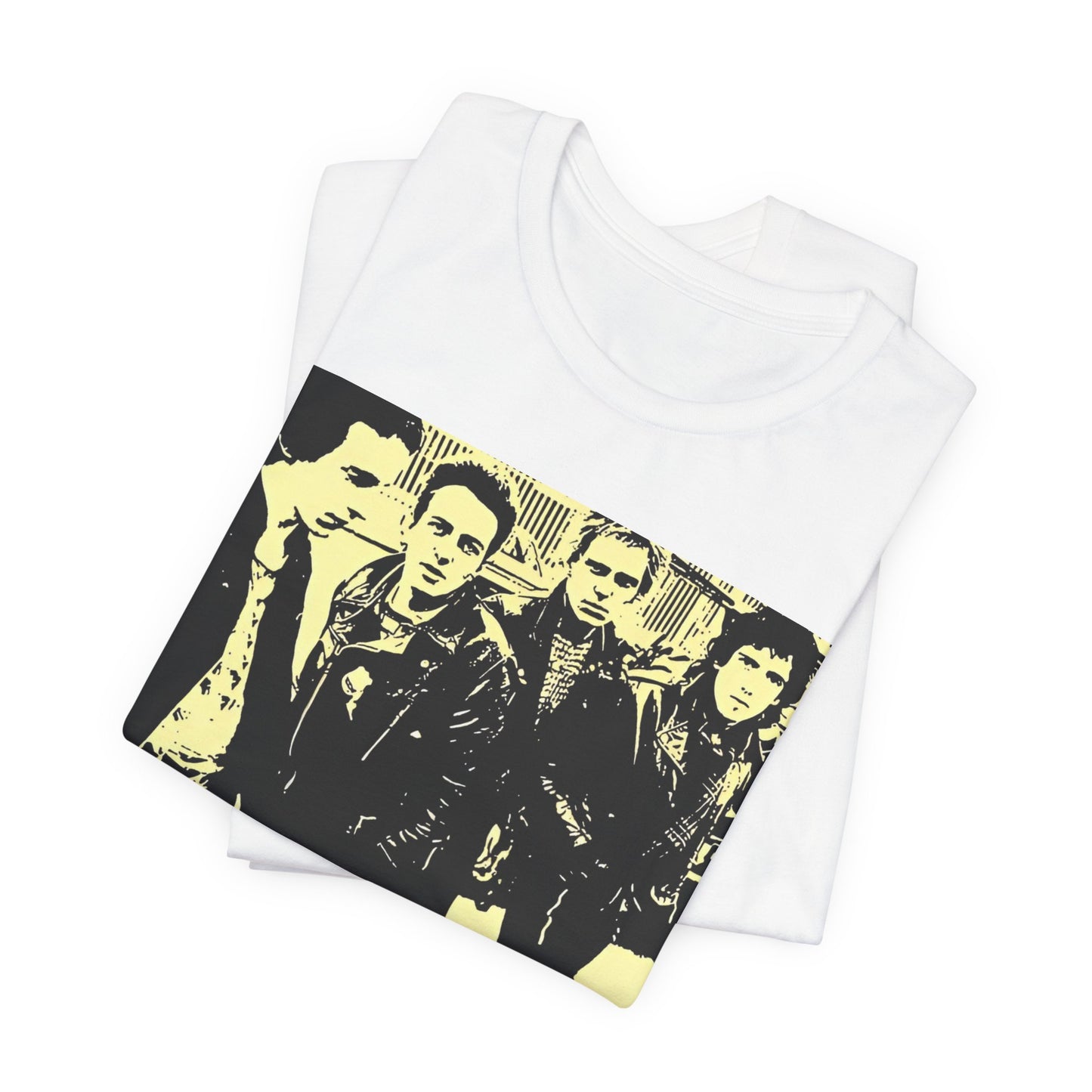 A black graphic t-shirt featuring an anti-establishment rock band graphic of The Clash.