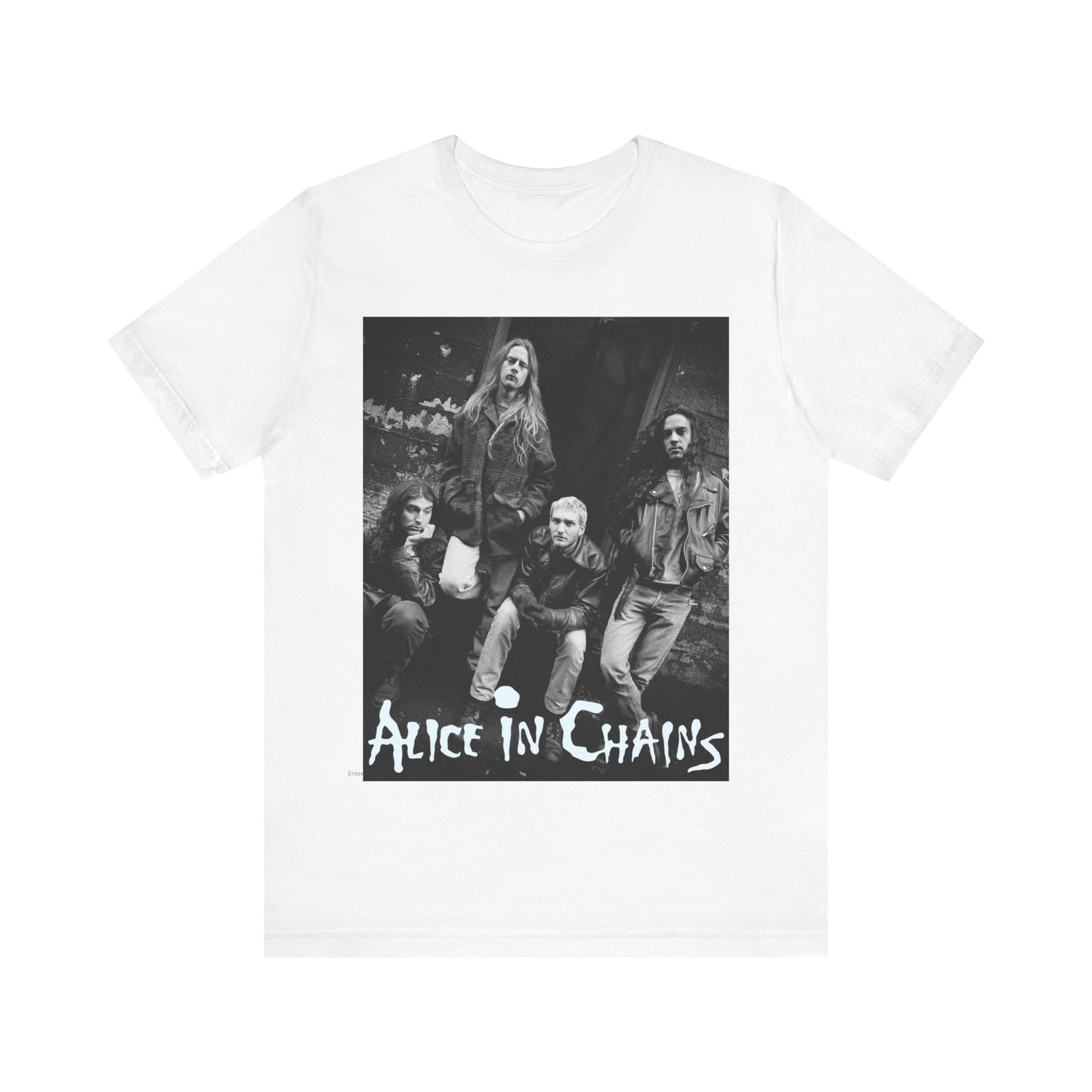 A black graphic t-shirt featuring a 90s black and white photographic portrait of the band Alice In Chains, capturing their iconic grunge look.