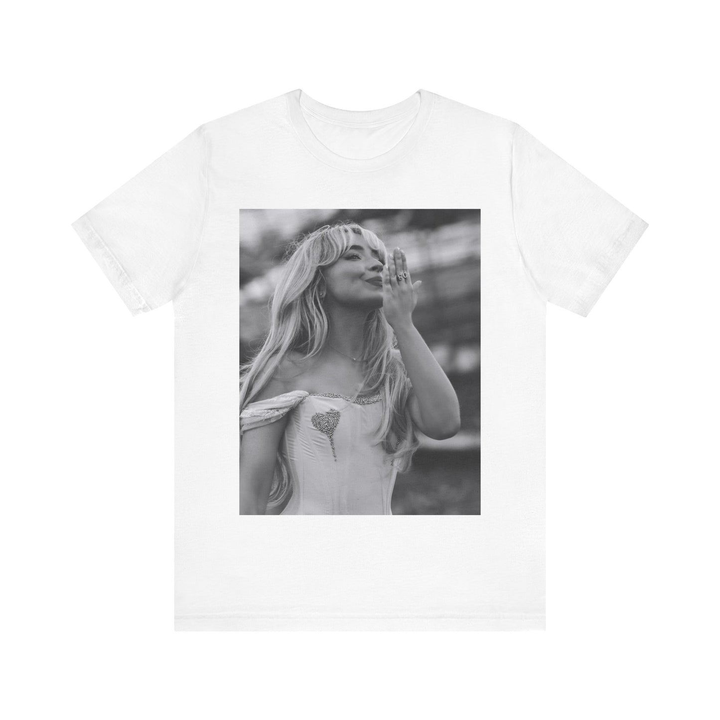 A black graphic t-shirt featuring a graphic or photo of Sabrina Carpenter kissing on stage during a performance.