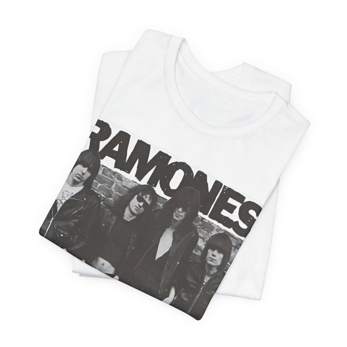 A black graphic t-shirt featuring a 70s vintage punk rock graphic of the Ramones.