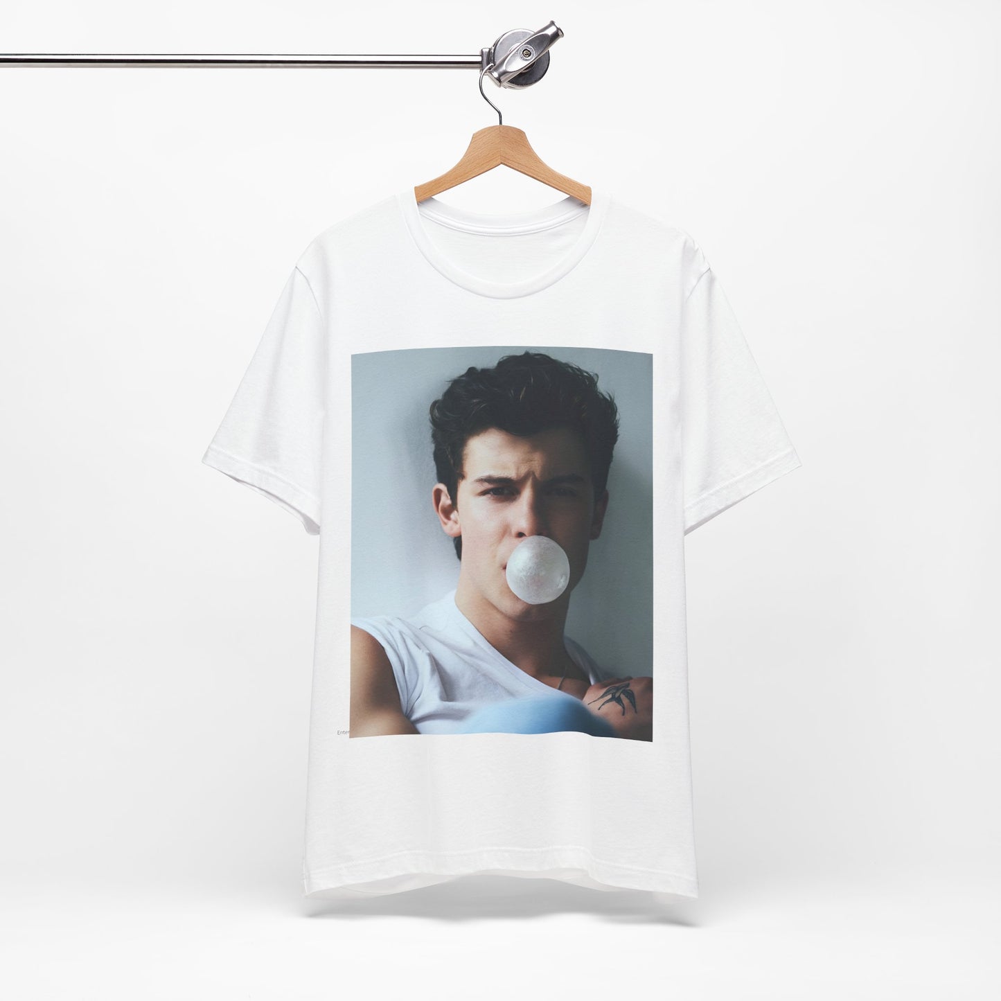 A black graphic t-shirt featuring a photo of Shawn Mendes with a fierce, confident gaze.