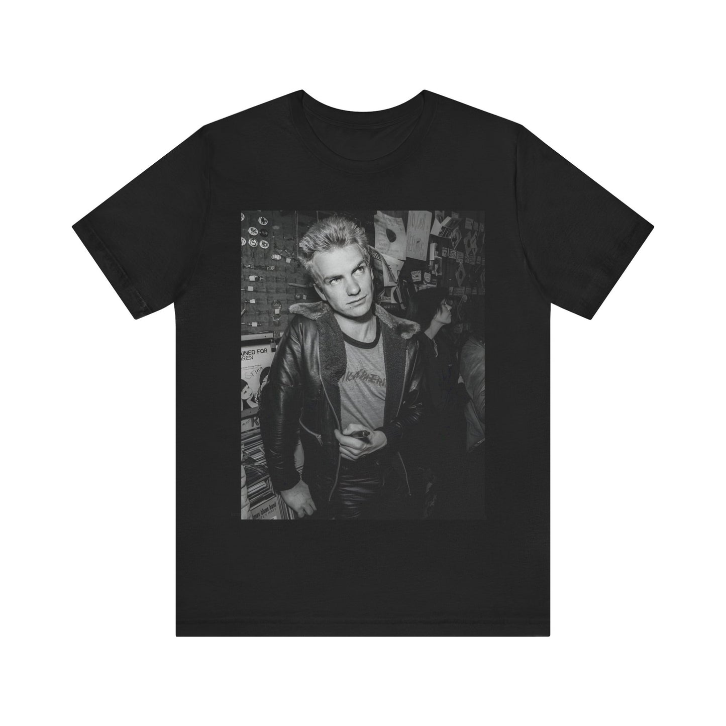 A black graphic t-shirt featuring a vintage black and white monochrome graphic or photo of Sting.