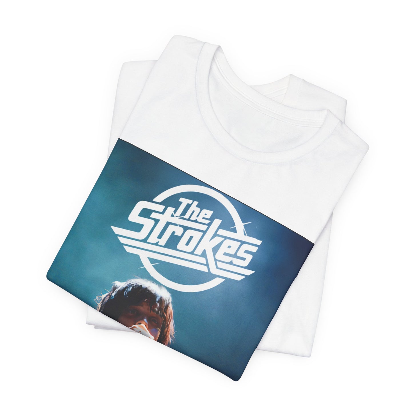 A black graphic t-shirt featuring a portrait or graphic of Julian Casablancas from The Strokes.