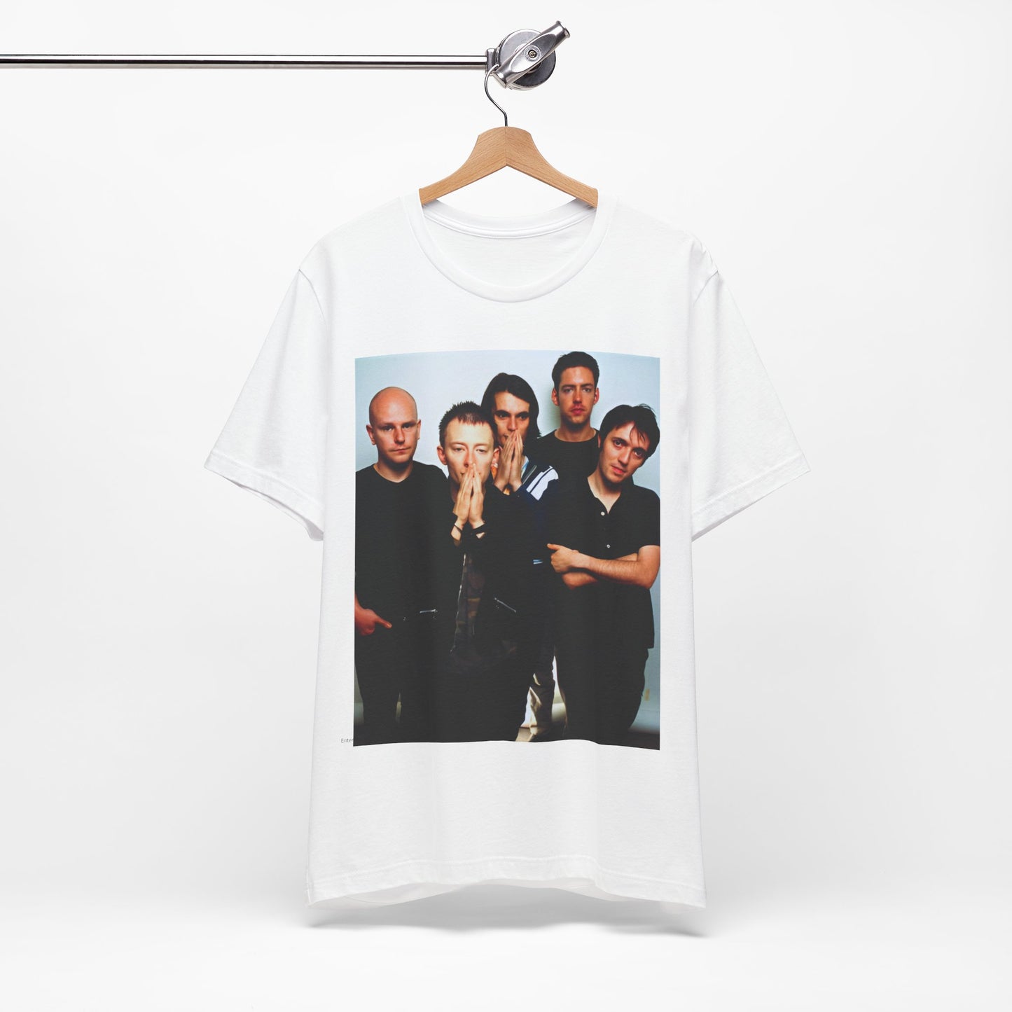 A black graphic t-shirt featuring a bold alt rock superstar graphic of Radiohead.