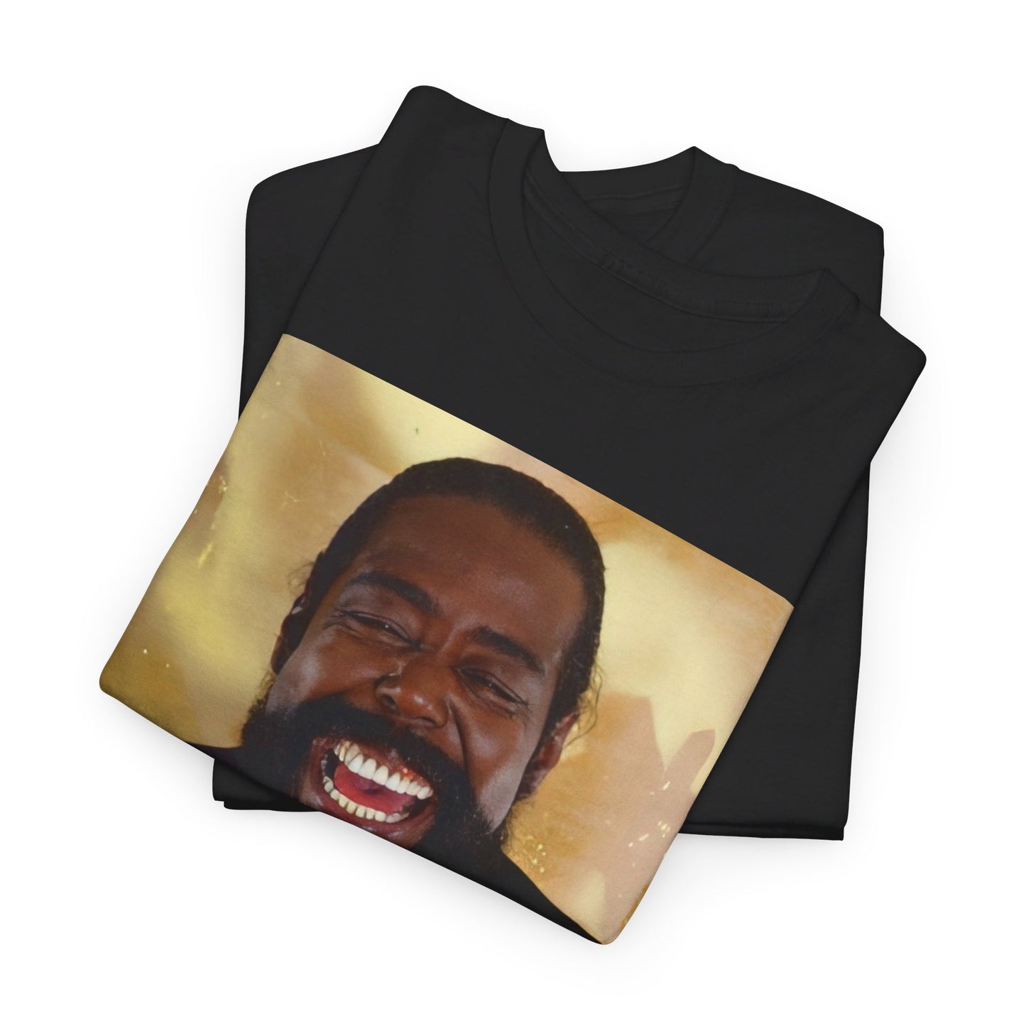 A black graphic t-shirt featuring a graphic of Barry White with a funky, happy vibe.