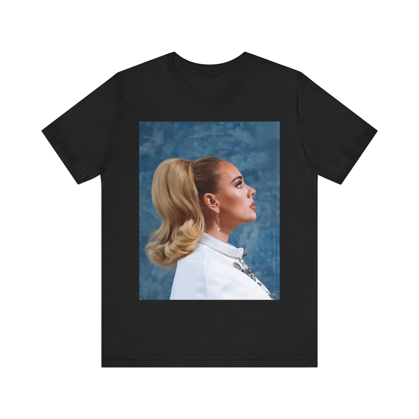 A black graphic t-shirt featuring a black and white photo of Adele in a vintage glamorous look, with classic hair and makeup.