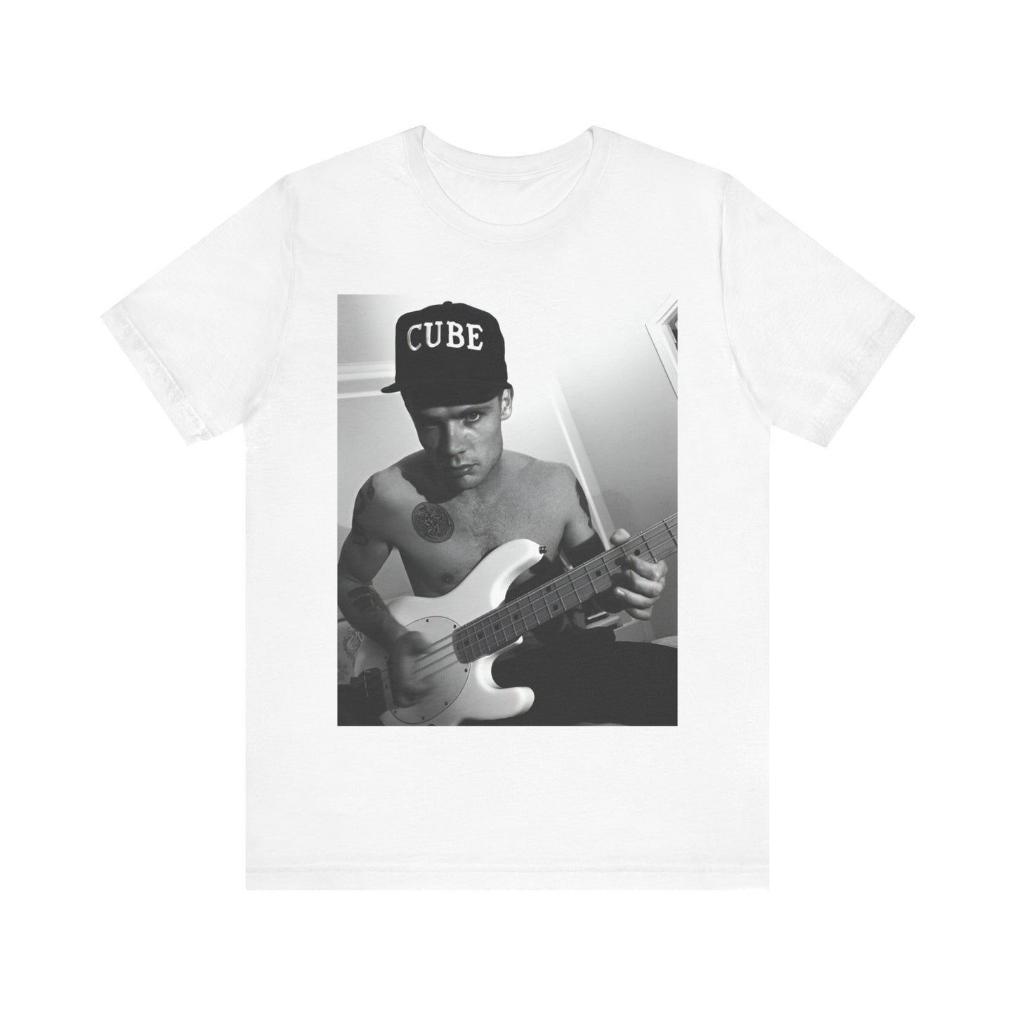 A black graphic t-shirt featuring a black and white graphic or photo of Flea from Red Hot Chili Peppers performing live on stage.