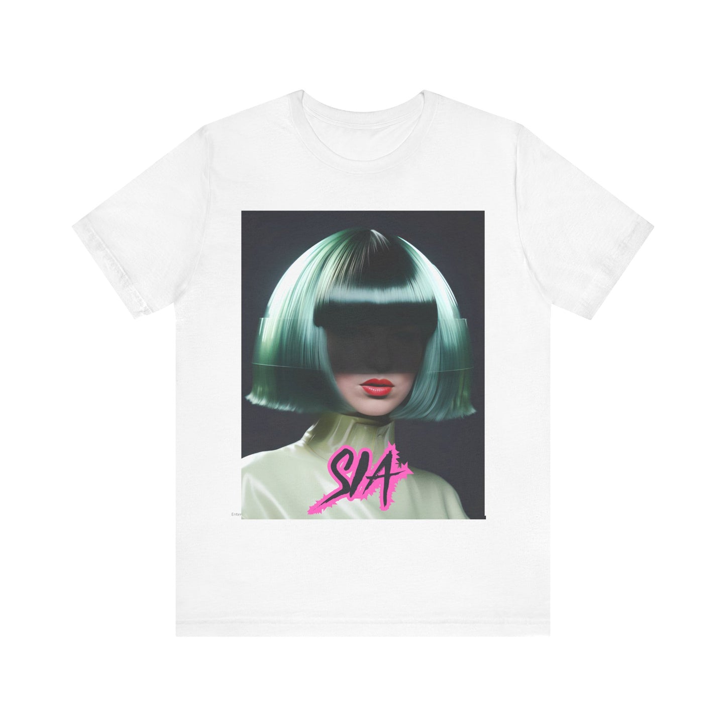A black graphic t-shirt featuring a bold graphic of Sia as a pop superstar.