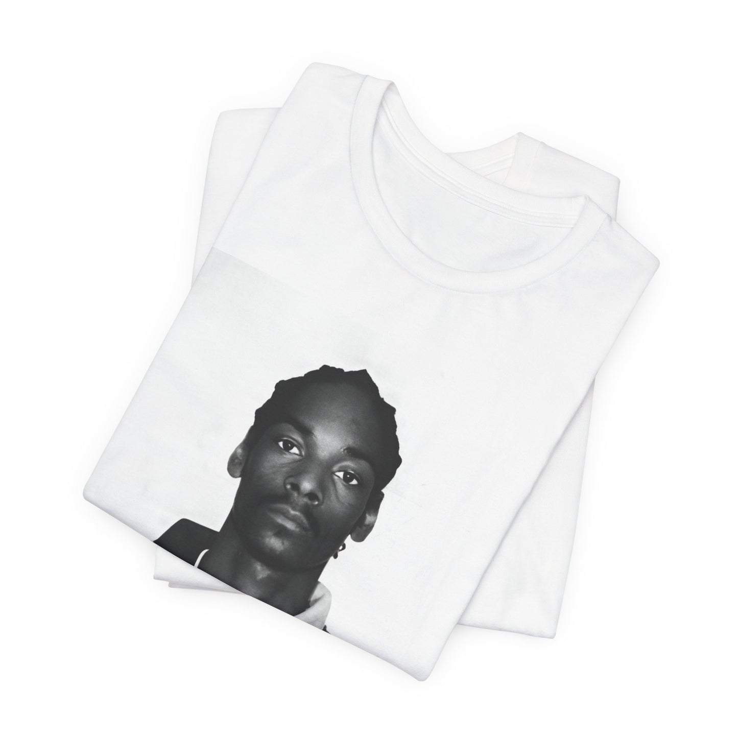 A black graphic t-shirt featuring a graphic of Snoop Dogg's mug shot.
