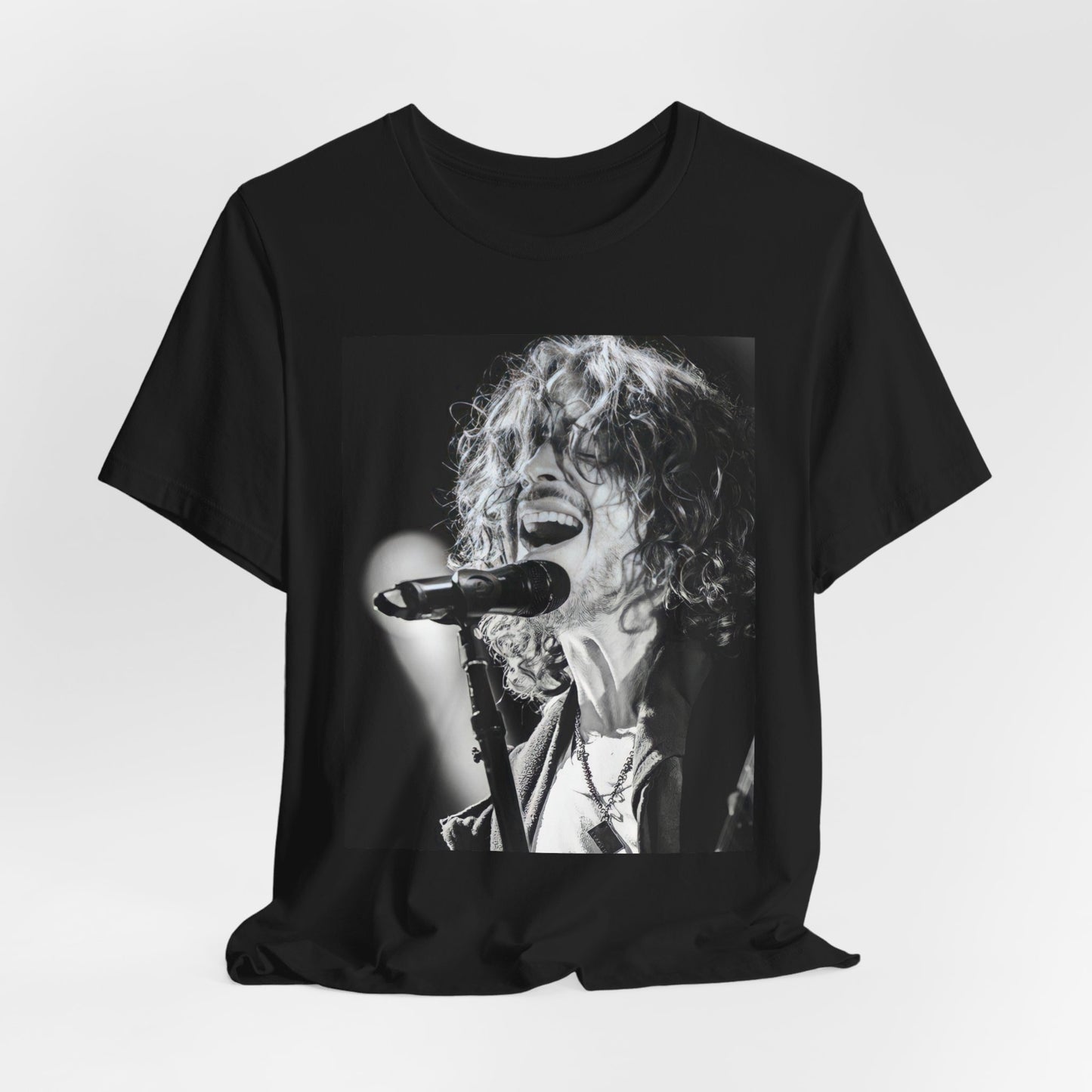A black graphic t-shirt featuring a graphic related to Chris Cornell's song "Cochise" or Audioslave.
