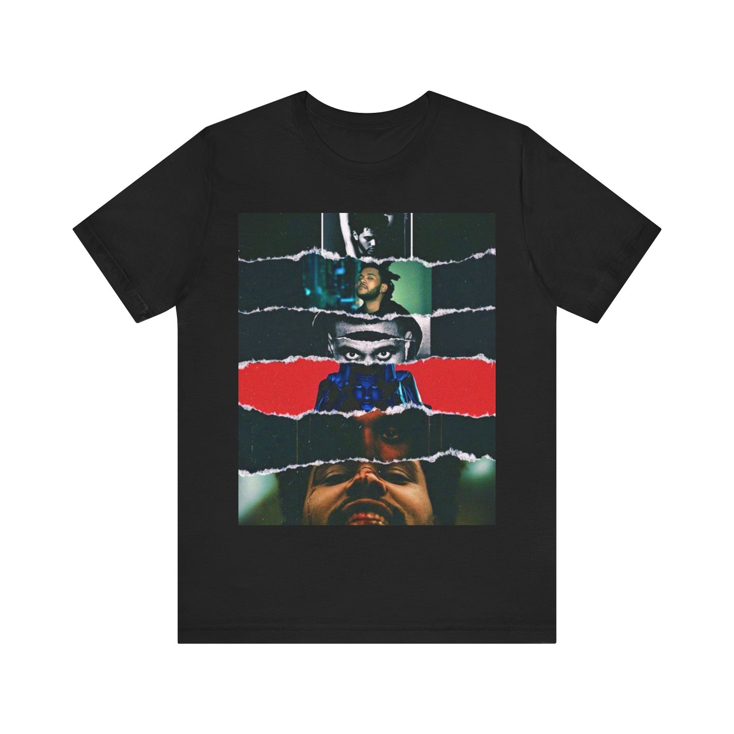 A black graphic t-shirt featuring a graphic representing different aesthetic eras of The Weeknd.