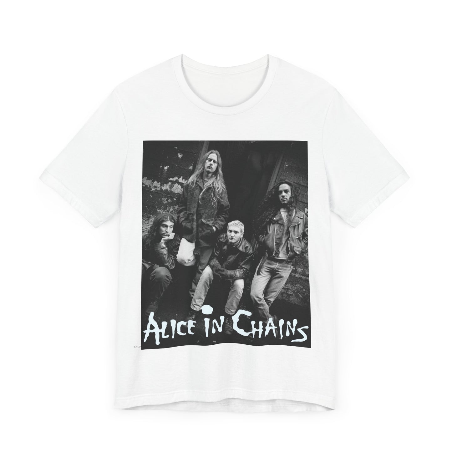 A black graphic t-shirt featuring a 90s black and white photographic portrait of the band Alice In Chains, capturing their iconic grunge look.