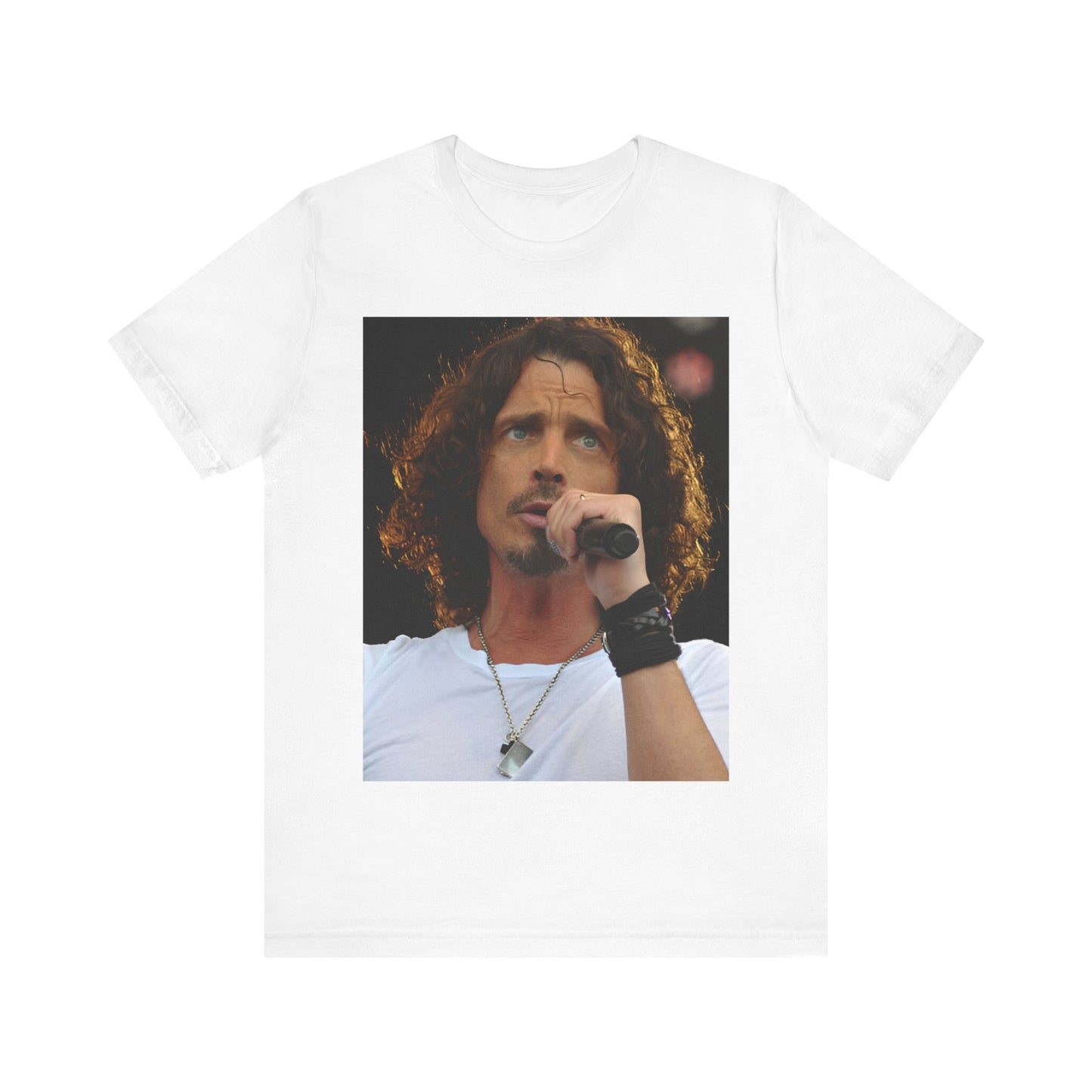 A black graphic t-shirt featuring a graphic related to Chris Cornell's song 'Like a Stone' or Audioslave.