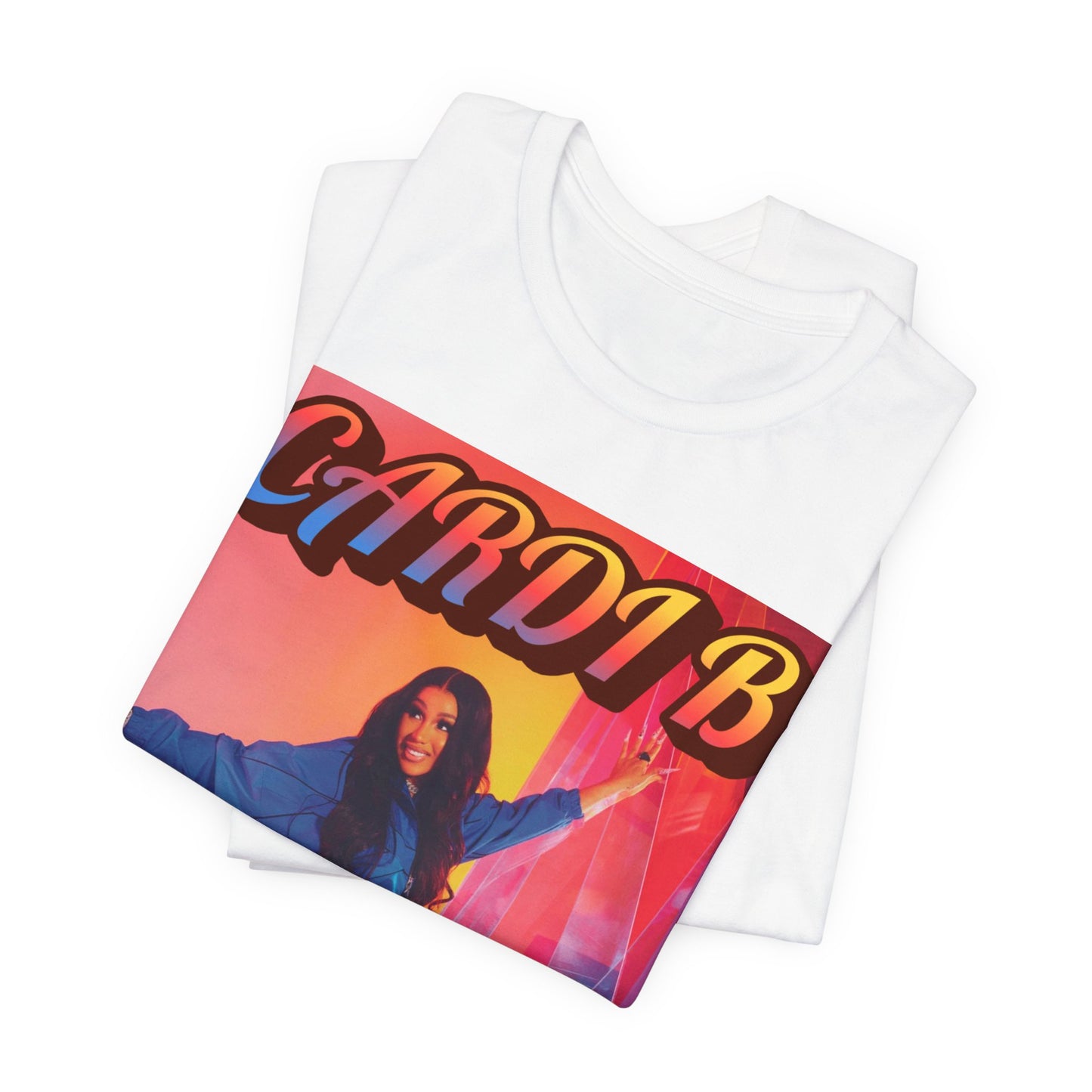 A black graphic t-shirt featuring a graphic of Cardi B, designed with a rap aesthetic.