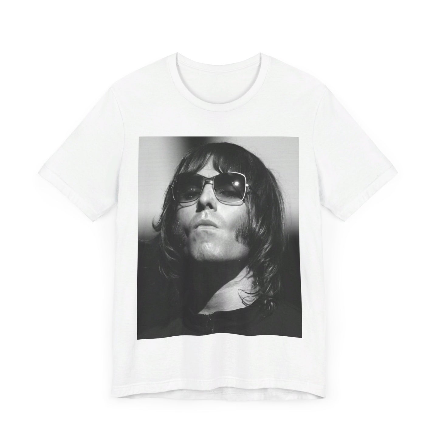 A black graphic t-shirt featuring a graphic of Liam Gallagher from Oasis related to the 'Morning Glory' album era.
