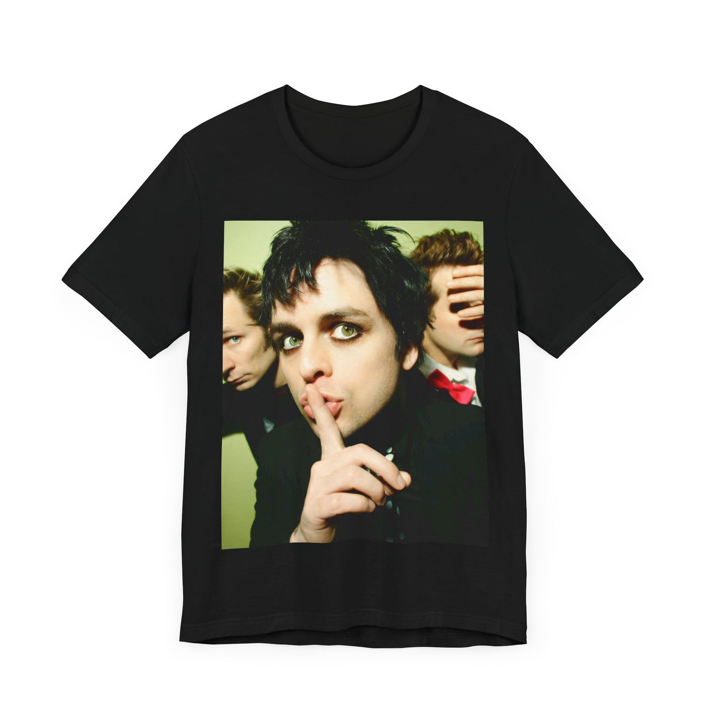 A black graphic t-shirt featuring a vintage punk rock graphic of Green Day.
