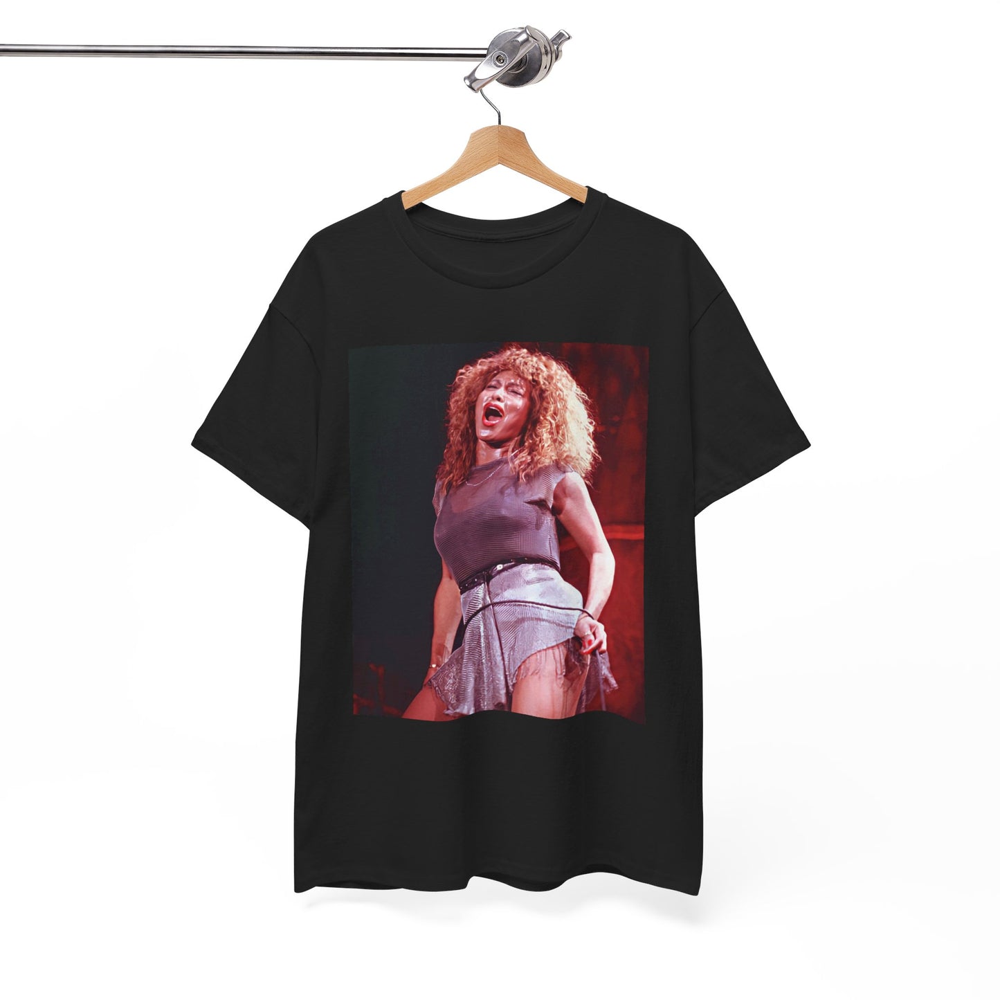 A black graphic t-shirt featuring a graphic of Tina Turner's iconic hair style.