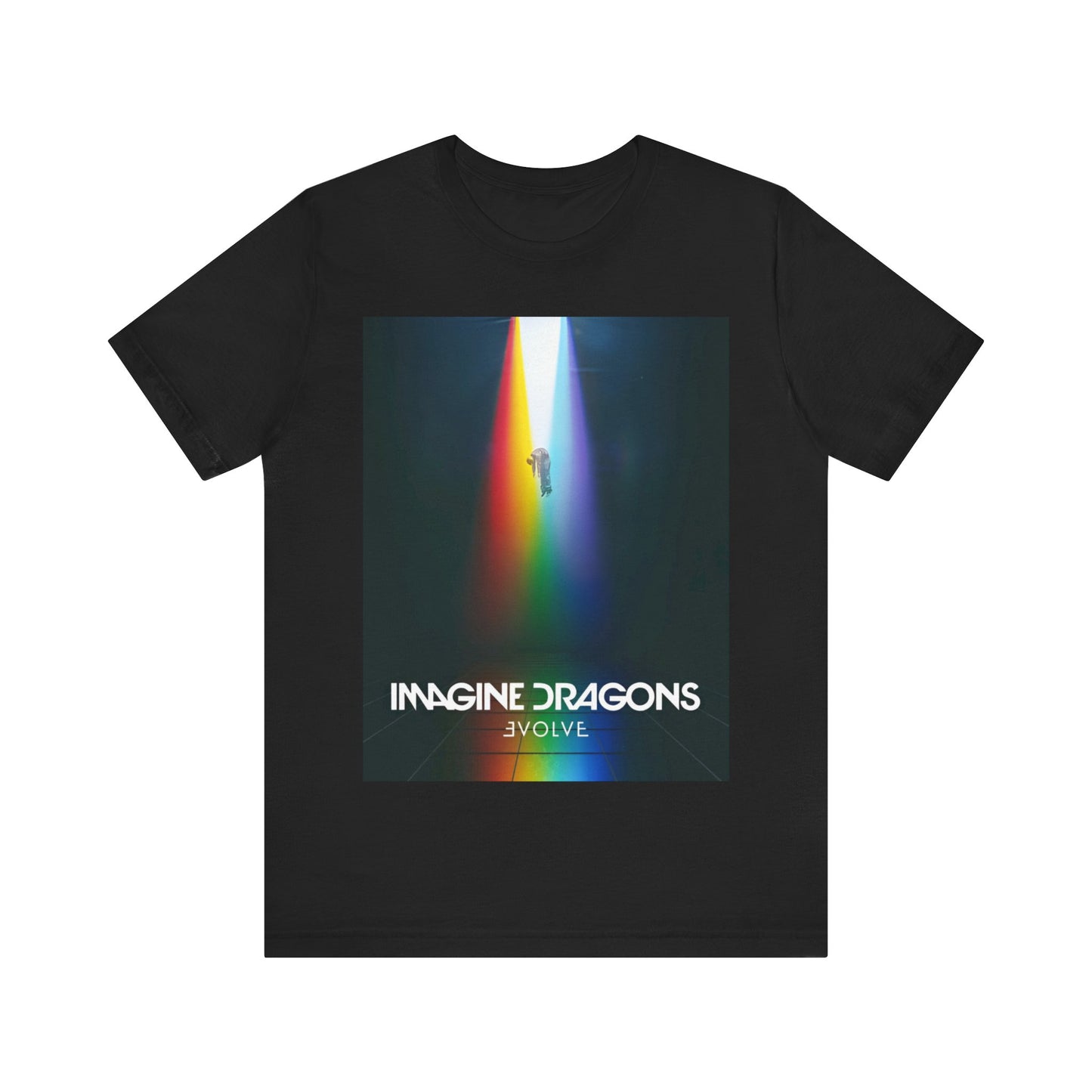 A black graphic t-shirt featuring a graphic related to Imagine Dragons' 'Evolve' album.