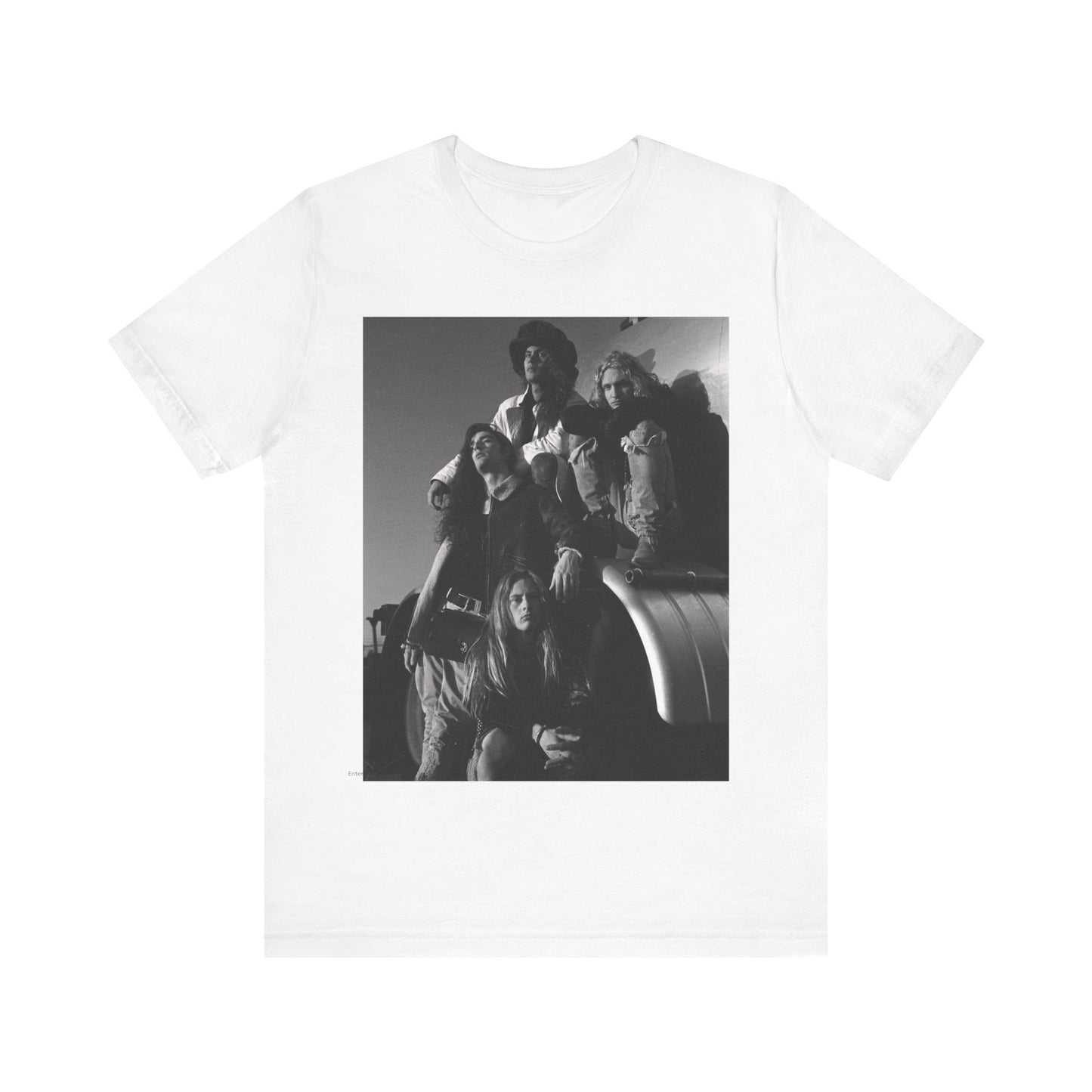 A black graphic t-shirt featuring a 90s black and white photographic portrait of the band Alice In Chains, capturing their iconic grunge look.