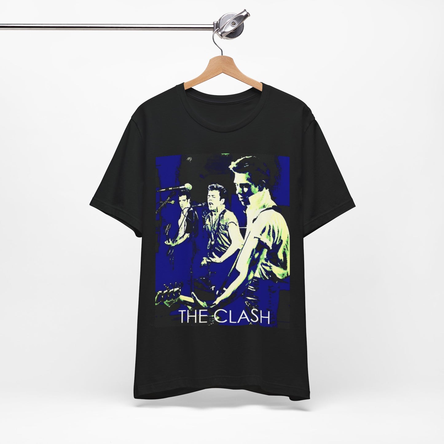 A black graphic t-shirt featuring a 70s aesthetic punk rock graphic of The Clash.