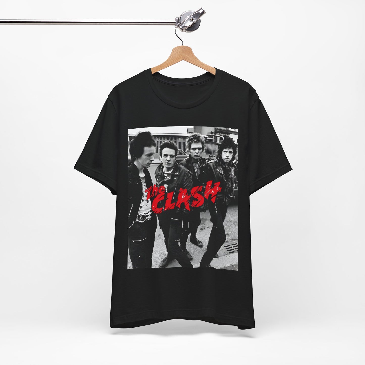 A black graphic t-shirt featuring a graphic of The Clash as punk rock pioneers.