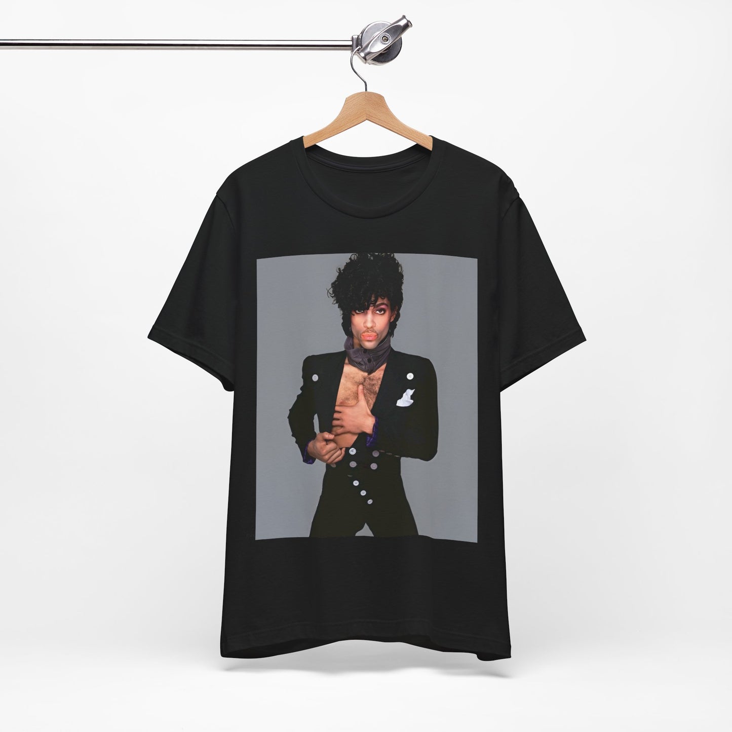 A black graphic t-shirt featuring a 90s vintage funk pop icon graphic of Prince.