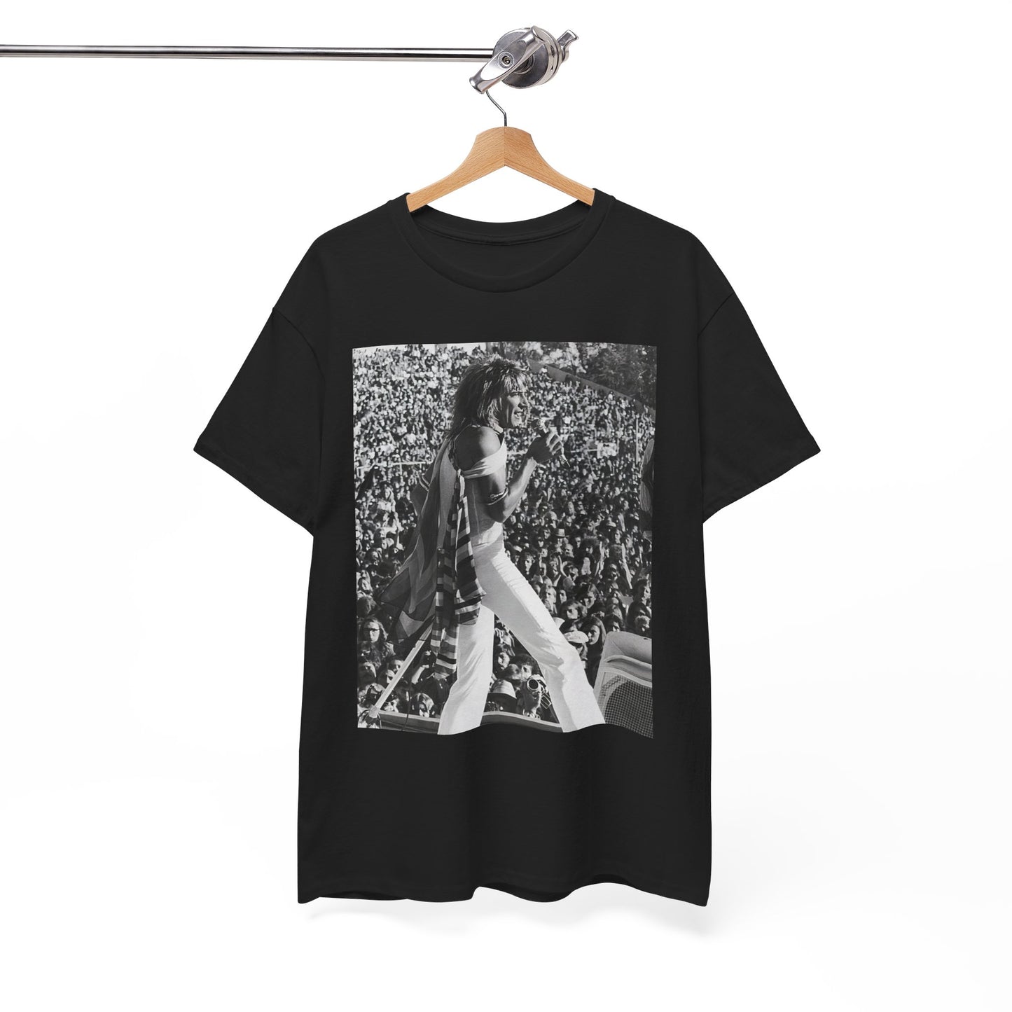 A black graphic t-shirt featuring a 70s on stage concert graphic of Rod Stewart.