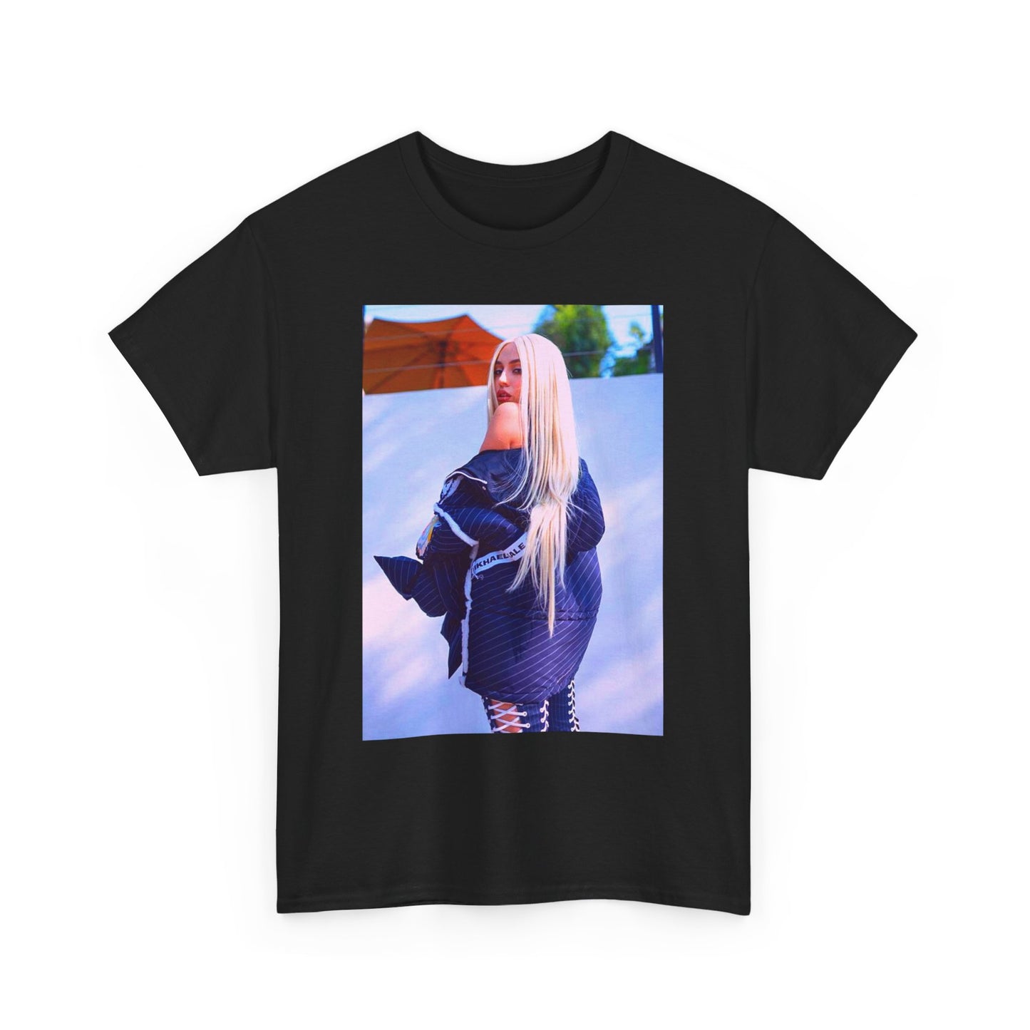 A black graphic t-shirt featuring a photo of Ava Max in a stylish pose, showcasing her elegance.
