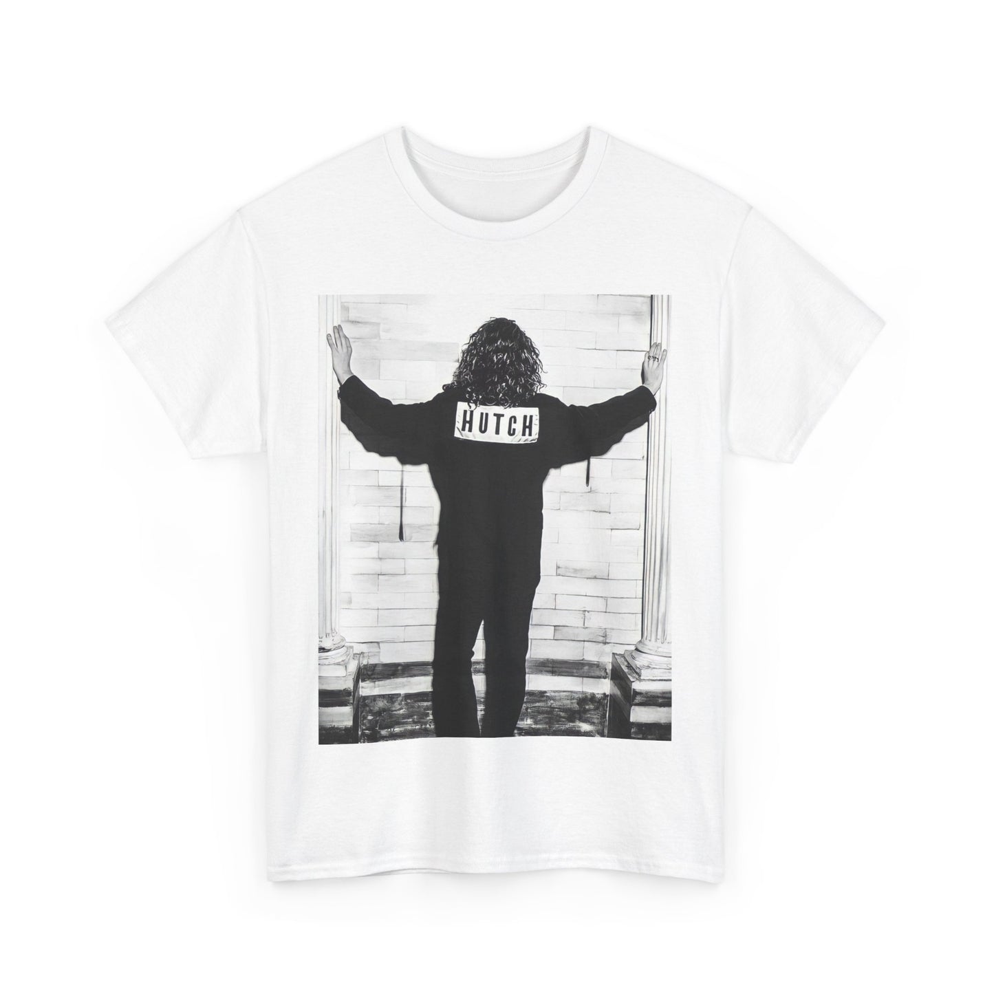 A black graphic t-shirt featuring a graphic of Michael Hutchence from INXS, labeled 'Hutch'.