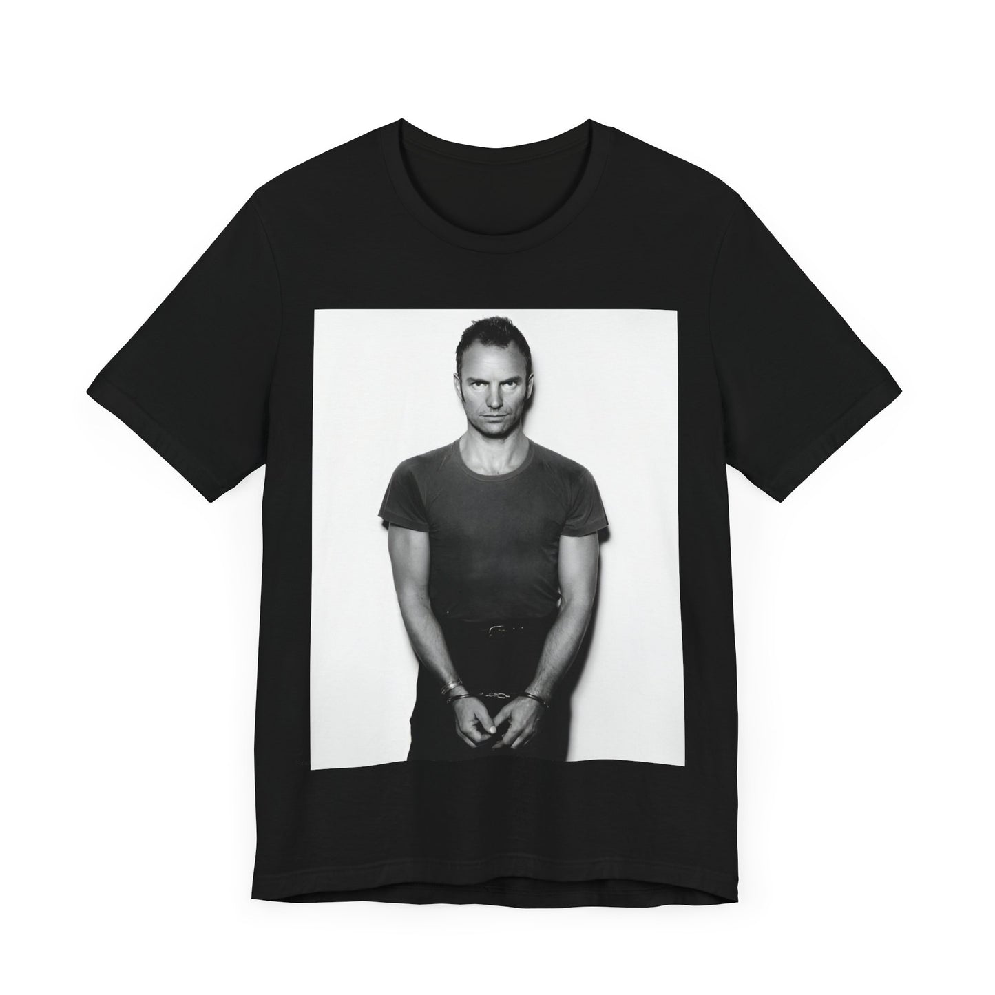 A black graphic t-shirt featuring a black and white portrait photo of Sting.