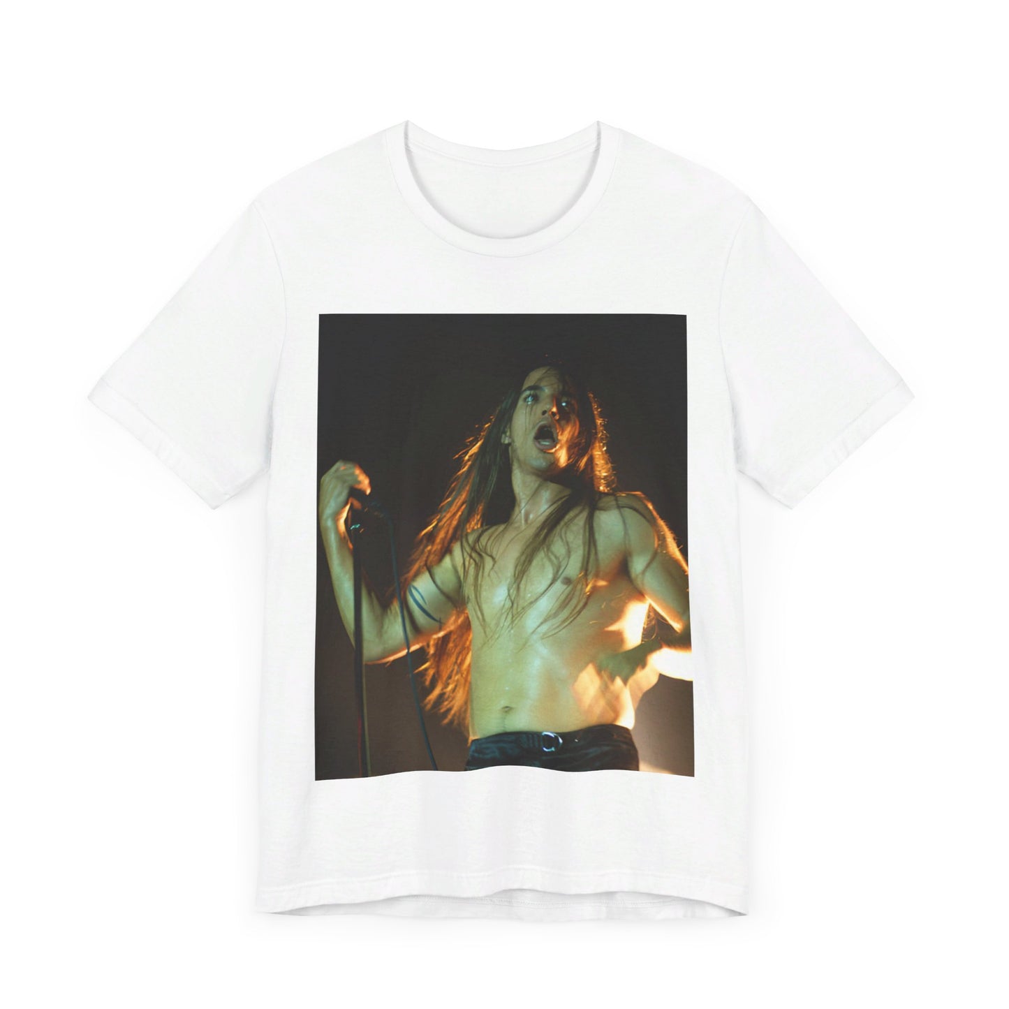 A black graphic t-shirt featuring a graphic or photo of Red Hot Chili Peppers performing live on stage.