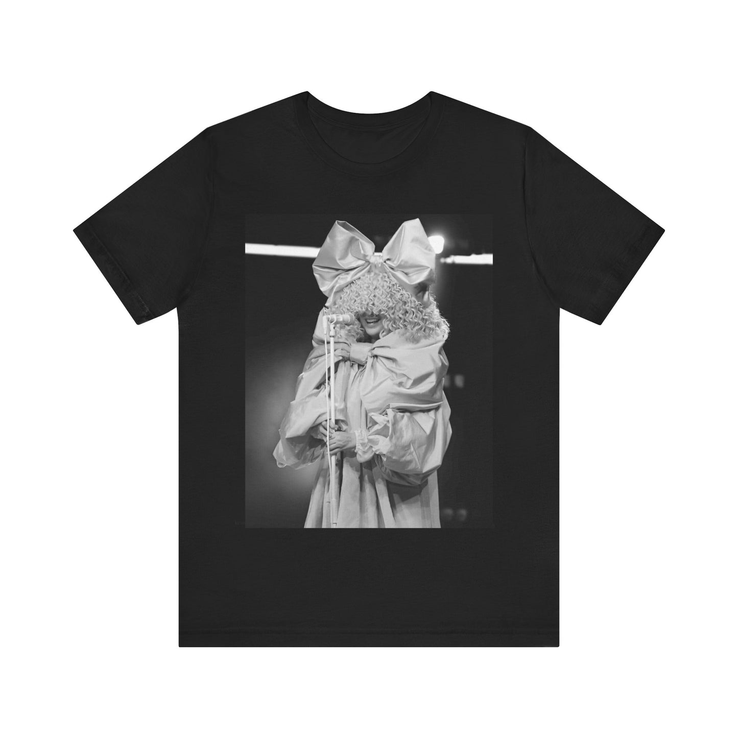 A black graphic t-shirt featuring a black and white, monochrome graphic or photo of Sia.
