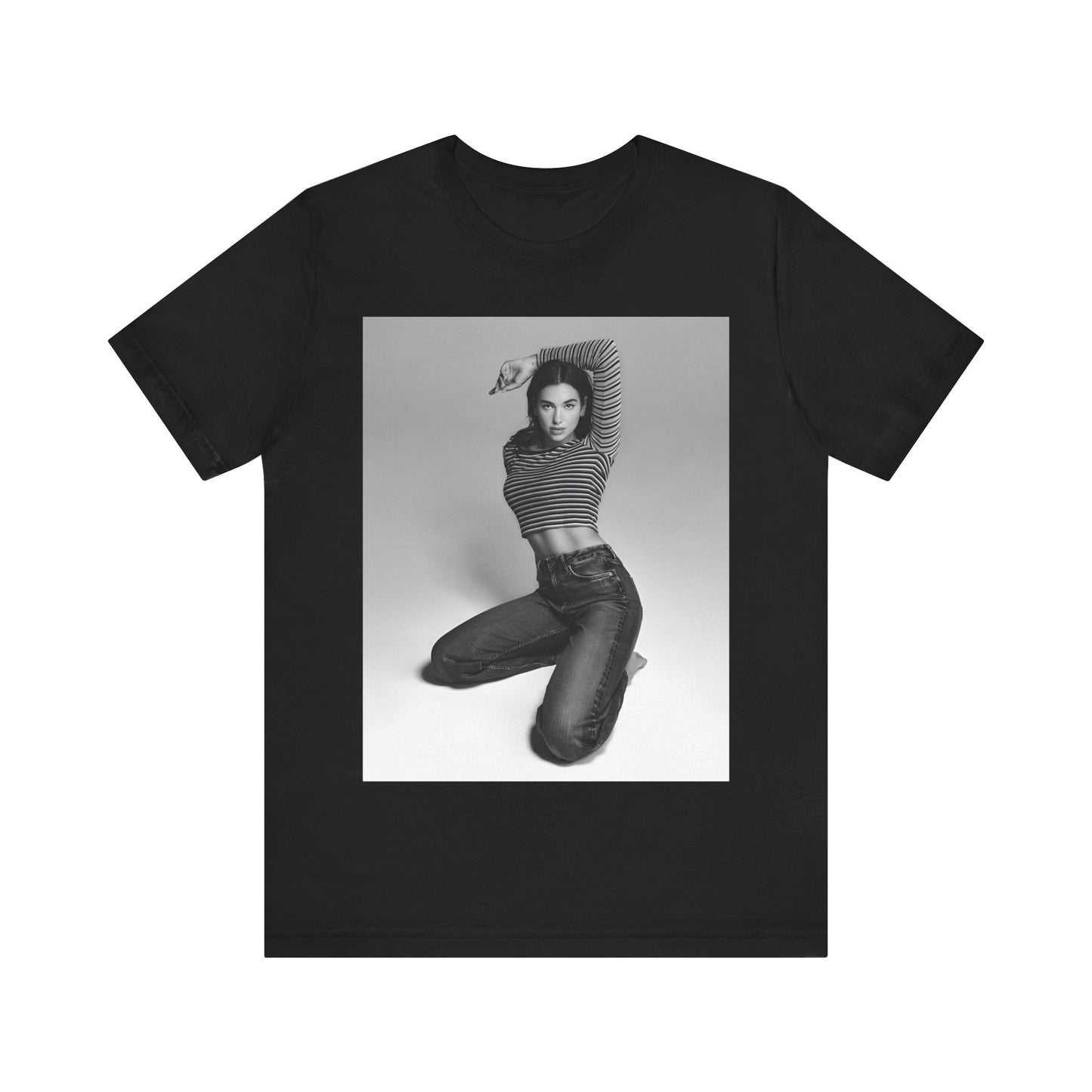 A black graphic t-shirt featuring a black and white photo of Dua Lipa in a posed manner.