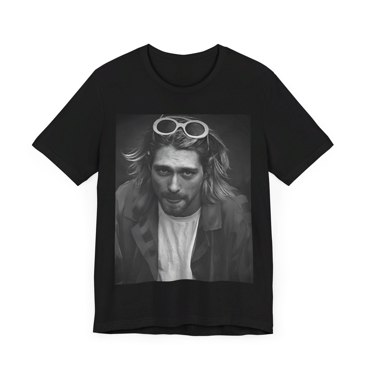 A black graphic t-shirt featuring a photo of Kurt Cobain from Nirvana wearing sunglasses.