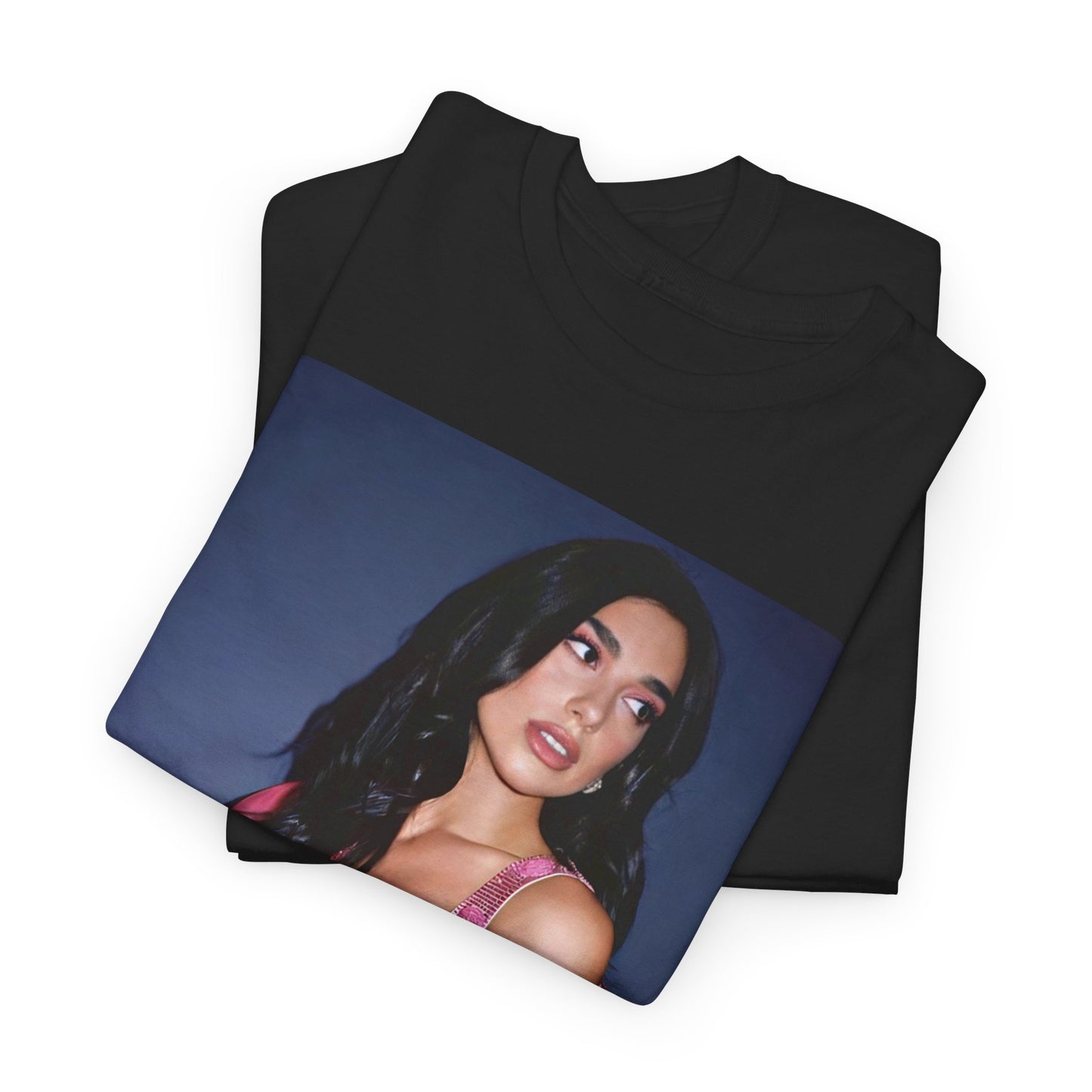 A black graphic t-shirt featuring a retro photo of Dua Lipa from her "Future Nostalgia" era.
