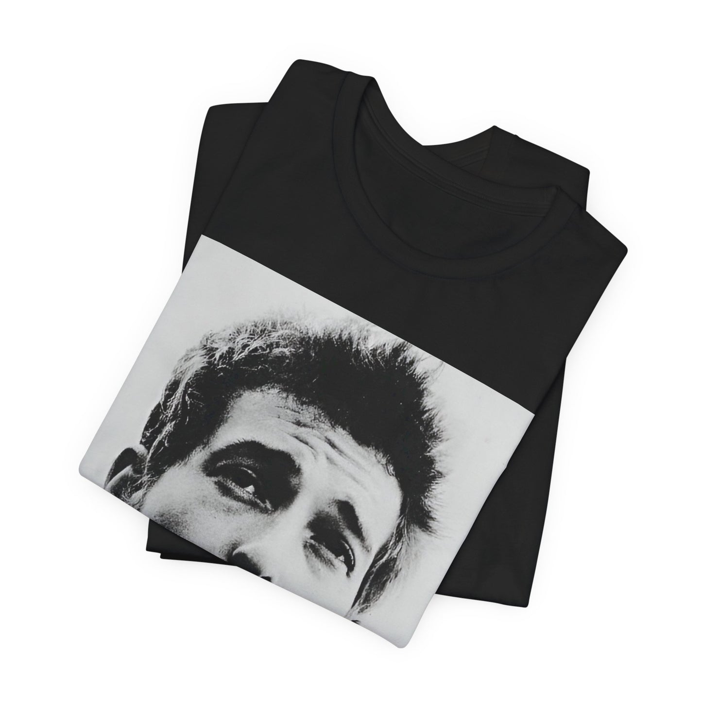 A black graphic t-shirt featuring a retro black and white folk iconic graphic of Bob Dylan.