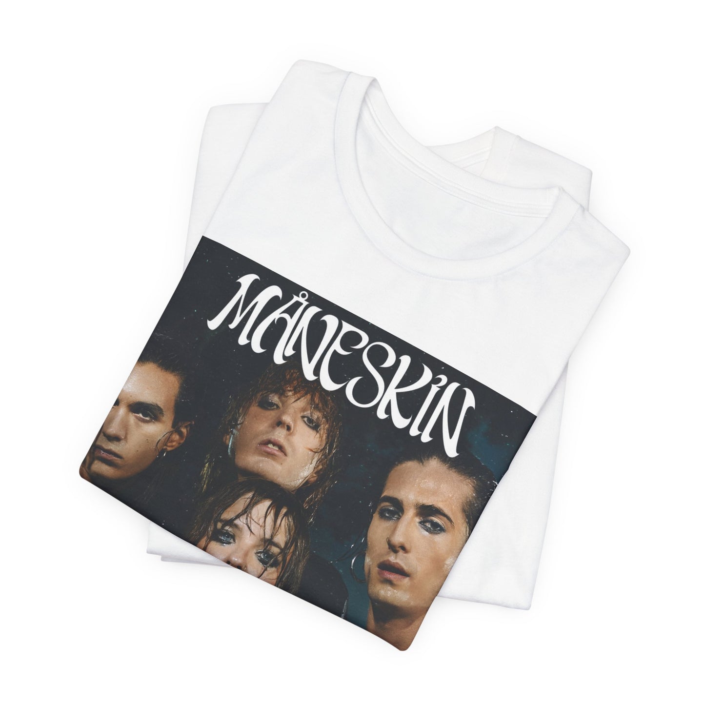 A black graphic t-shirt featuring a graphic of Maneskin with cool Italian rock vibes.