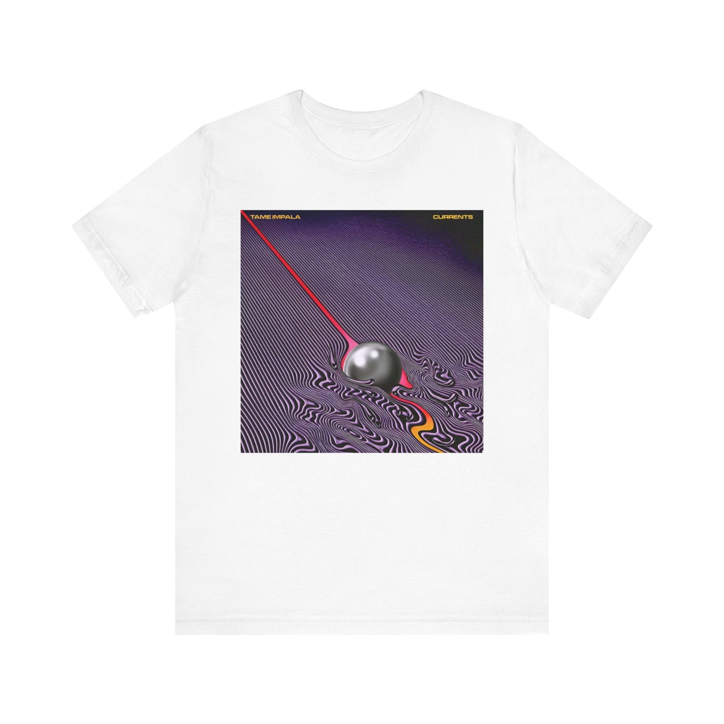 A black graphic t-shirt featuring a graphic related to Tame Impala's 'Currents' album.