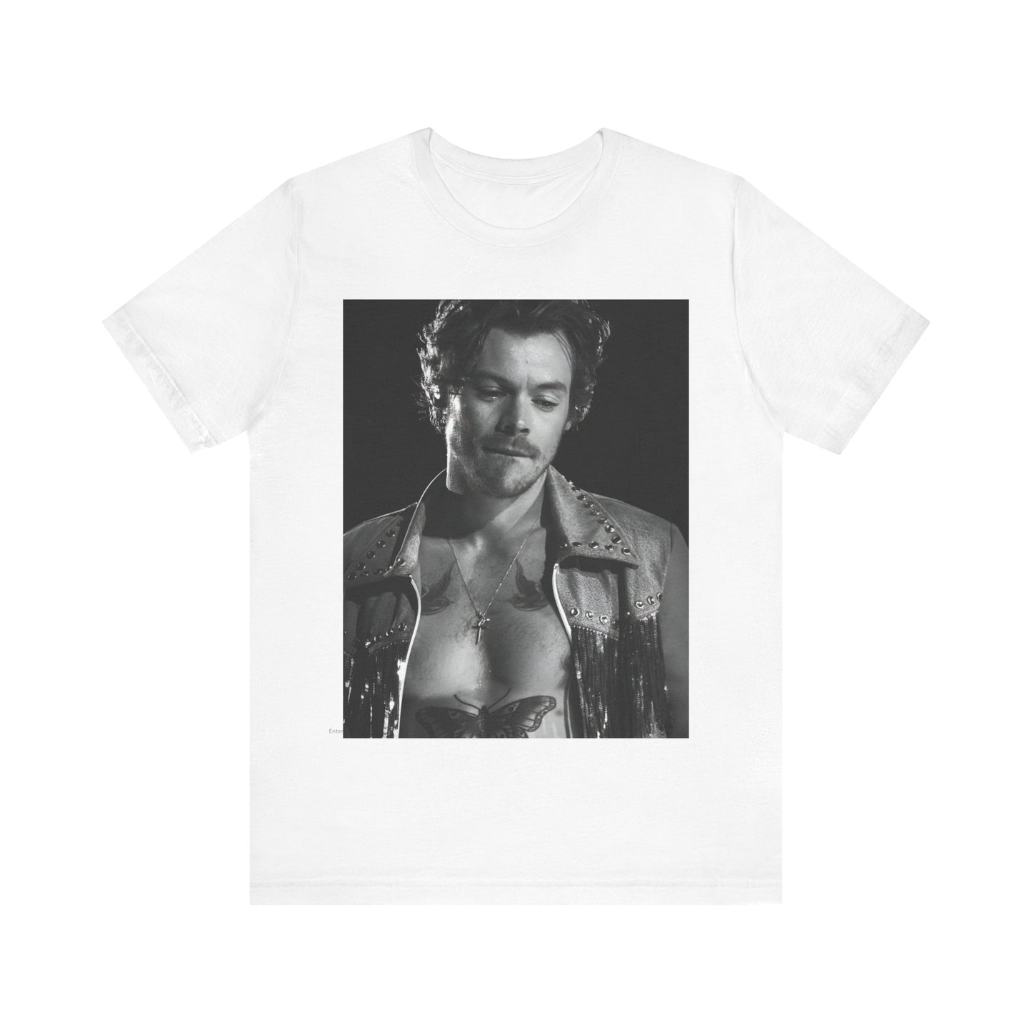 A black graphic t-shirt featuring a black and white graphic inspired by Harry Styles' tattoos.