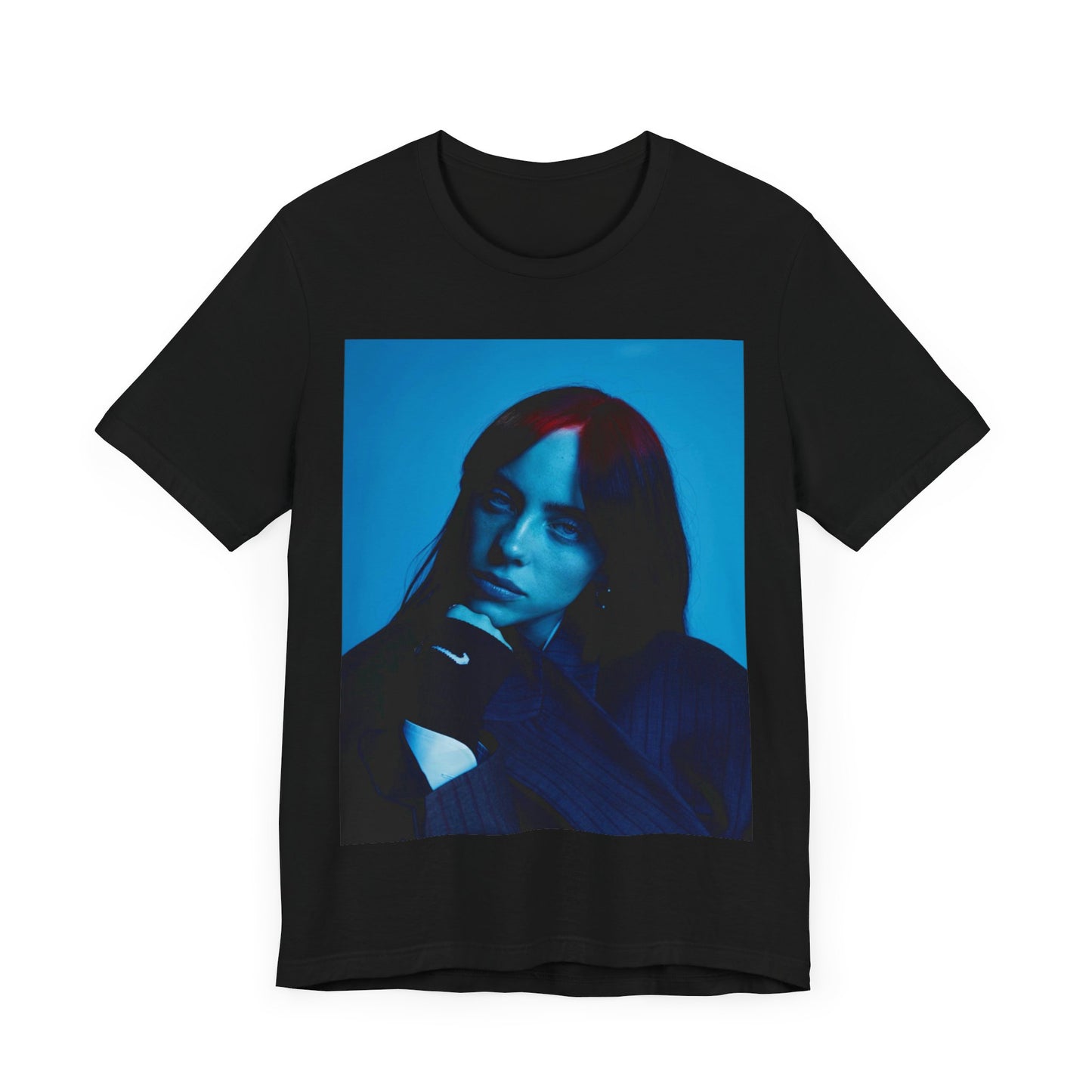 A soft, slightly blurred photo of Billie Eilish, evoking the dreamy and nostalgic feel of her song 'Ocean Eyes,' printed on a t-shirt.