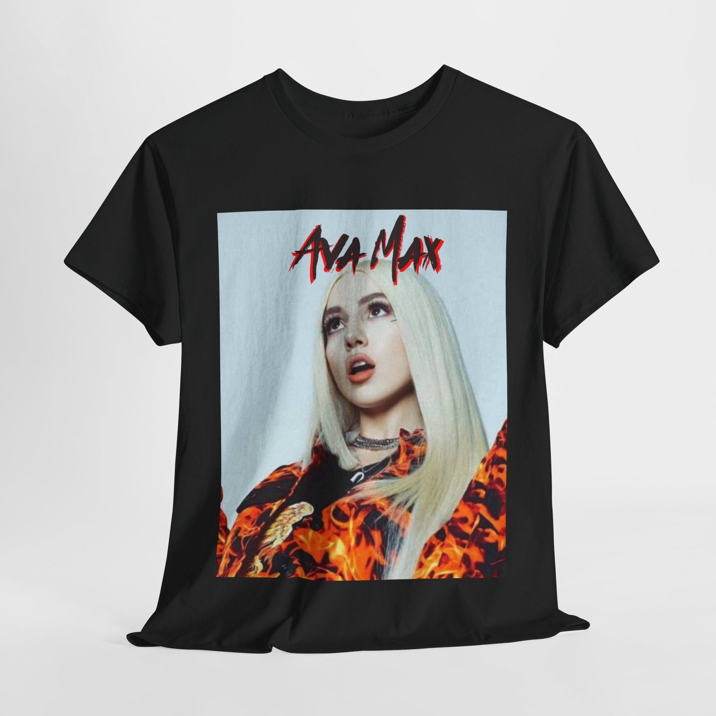 A black graphic t-shirt featuring a dynamic and 'hot' graphic of Ava Max, emphasizing her energetic pop star persona.